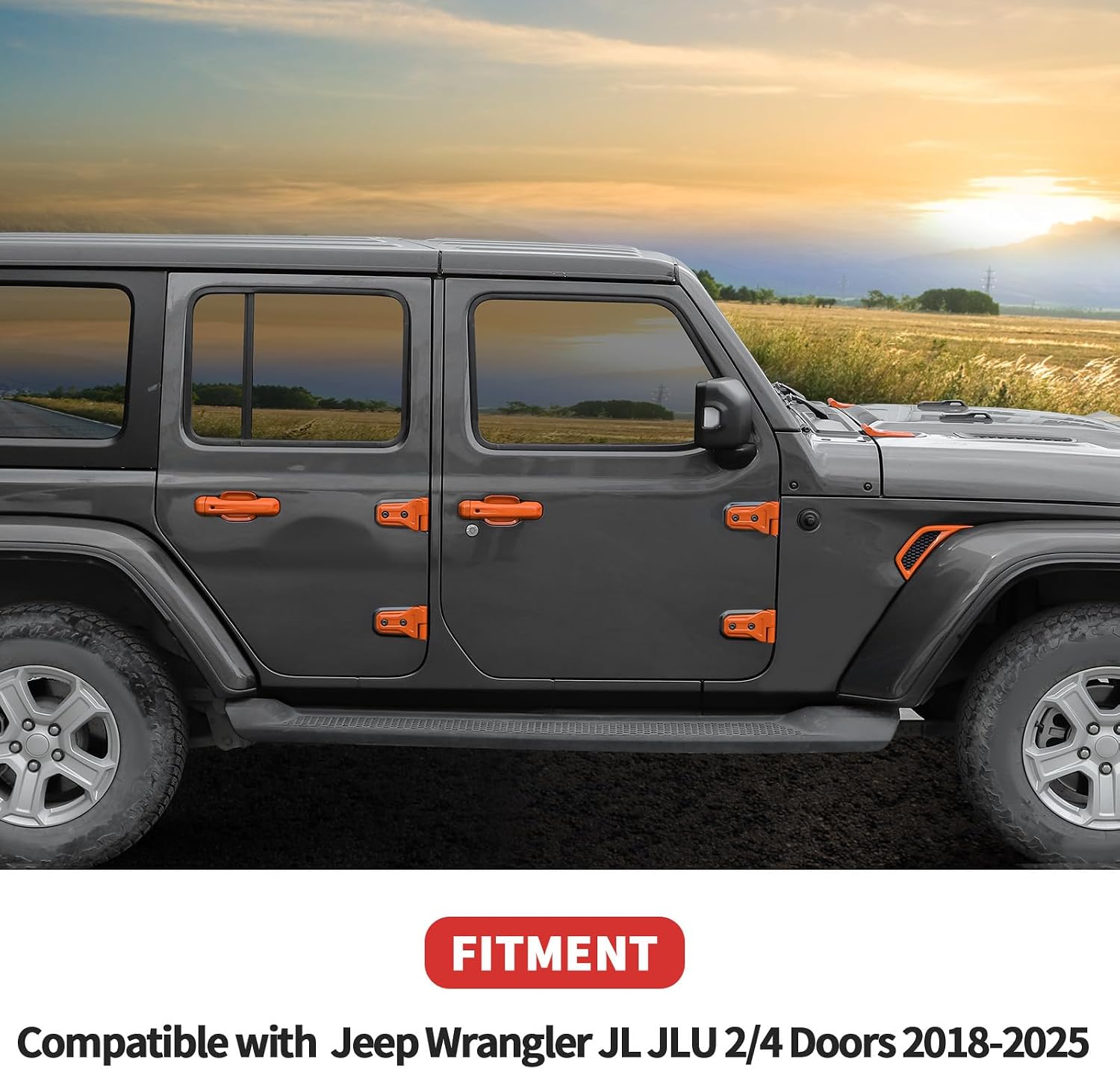 24PCS Full Set Exterior Decoration Trim Kit Fit for 2018-2025 Jeep Wrangler JL JLU 2/4 Doors, Door & Hood Hinge Covers Door Handle Side Vent Tailgate Hinge Cover Trim(Orange)