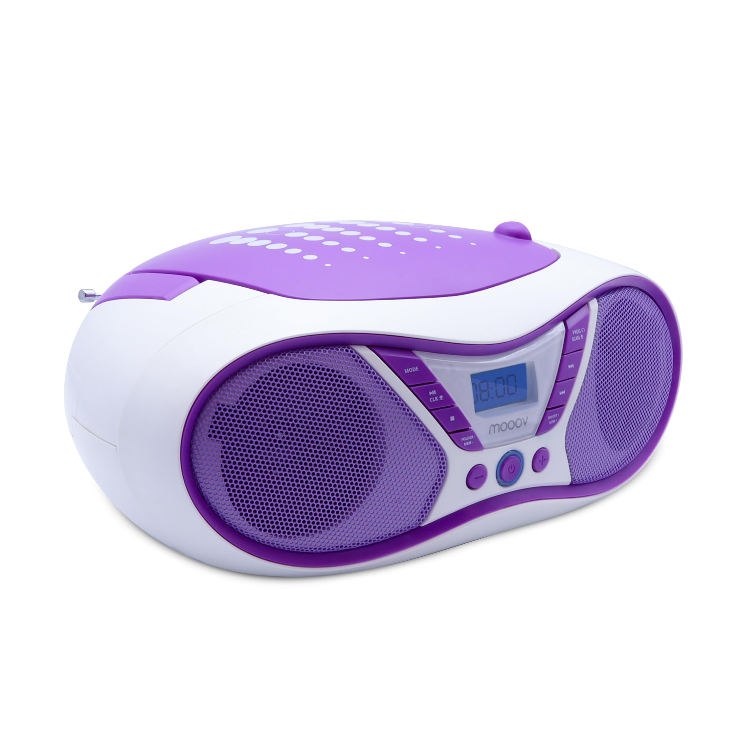 MOOOV 477404 Tragbarer CD-Player mit Radio, USB, Lautsprecher - Mini Kofferradio für Kinder & Senioren, Retro Design, MP3 - Ideal für Küche & Kinderzimmer - Netzbetrieb oder Batterien - Lila