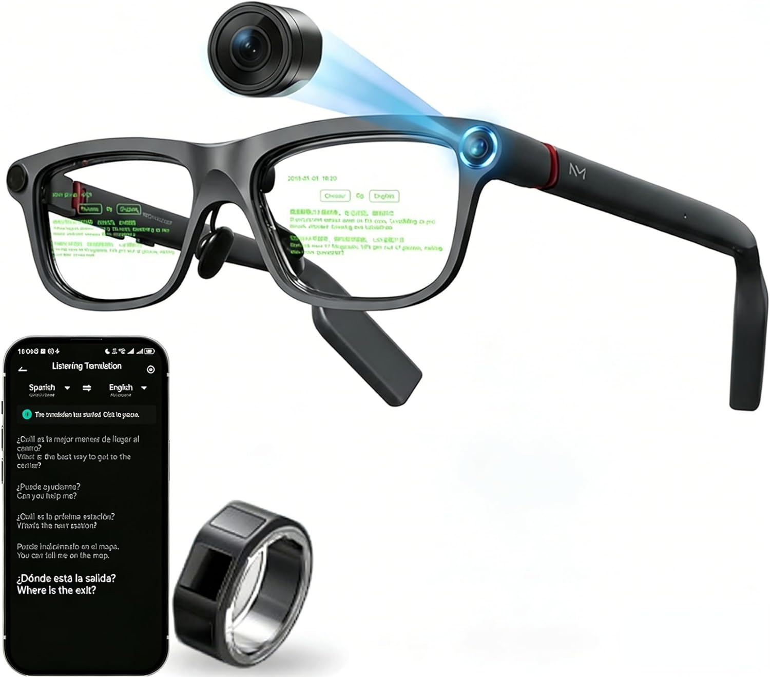 Smart Glasses with Camera & AR Display, AI Translation Glasses with 268 Languages, Invisible Teleprompter Glasses for Speech, Ring Control Bluetooth Smart Glasses, Video Glasses for Travel Business