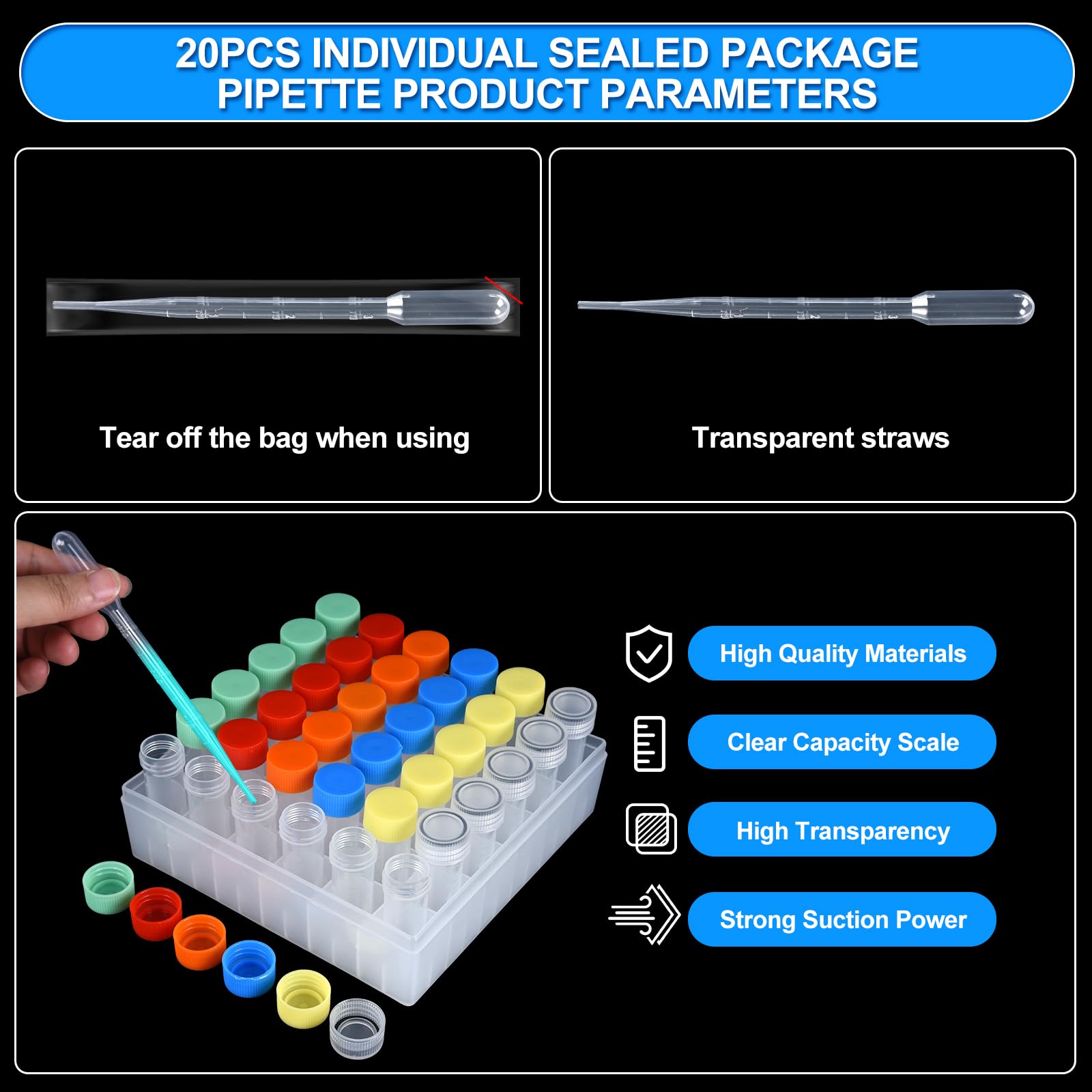 36 viales de 5 ml con tapas, tubos de ensayo criogénicos de plástico con tapas, crioviales de laboratorio con 20 pipetas cuentagotas de 3 ml