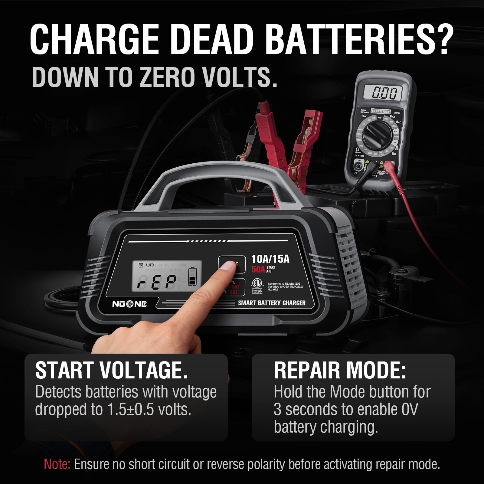 NOONE 10A/15A Smart Battery Charger and Maintainer - Vollautomatisches 6V/12V Ladegerät mit 50A Motorstart, Autoreparatur & Desulfatierung - Kompatibel mit Blei-Säure-, AGM-, LiFePO4-Batterien