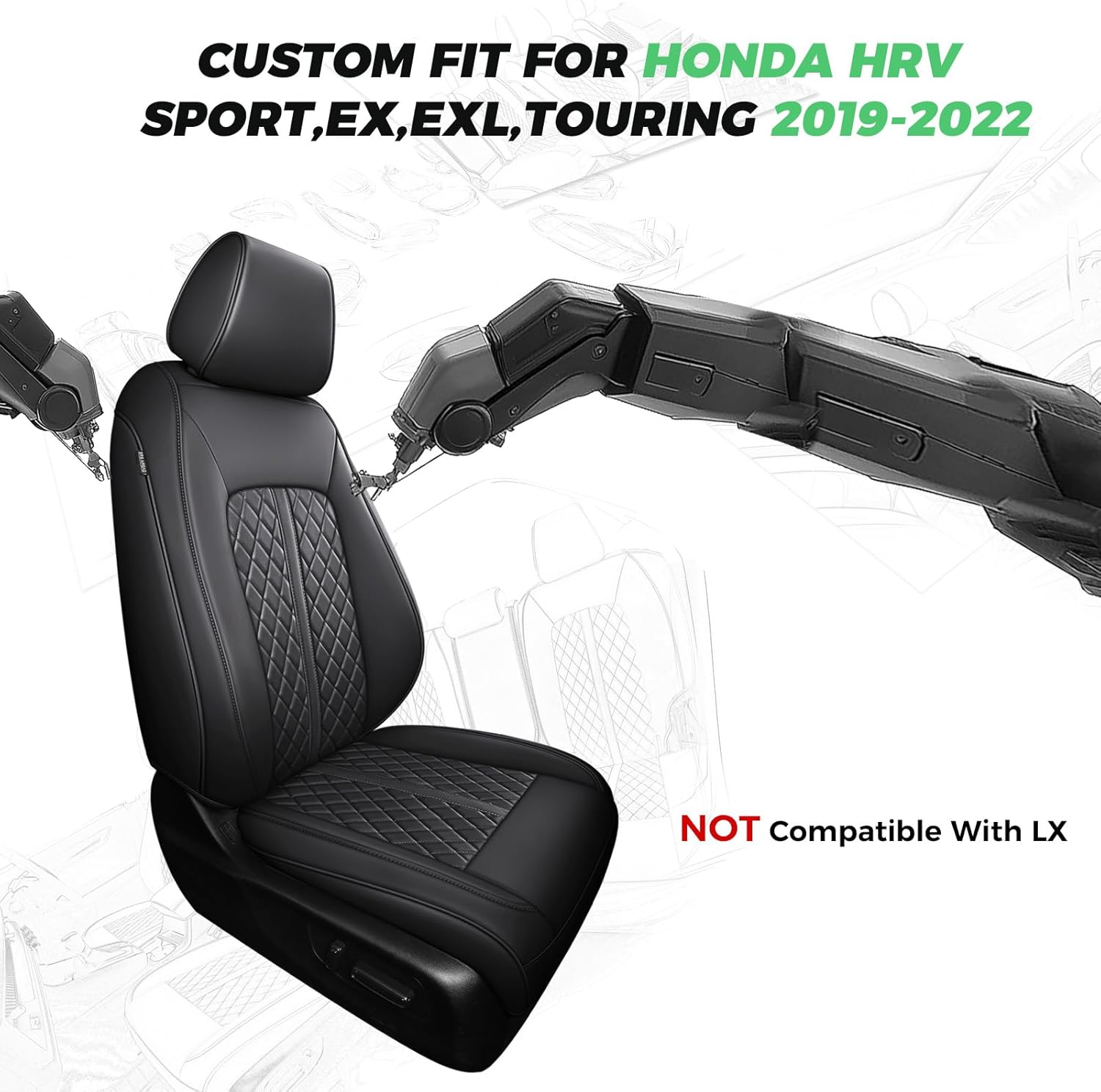 for honda hrv seat covers 2019 -2025 sport ex exl touring, custom fit car seat cover full set, luxury leather hr-v seat protector, waterproof suv interior cushions accessories, black black 2019-2025 sport ex exl touring