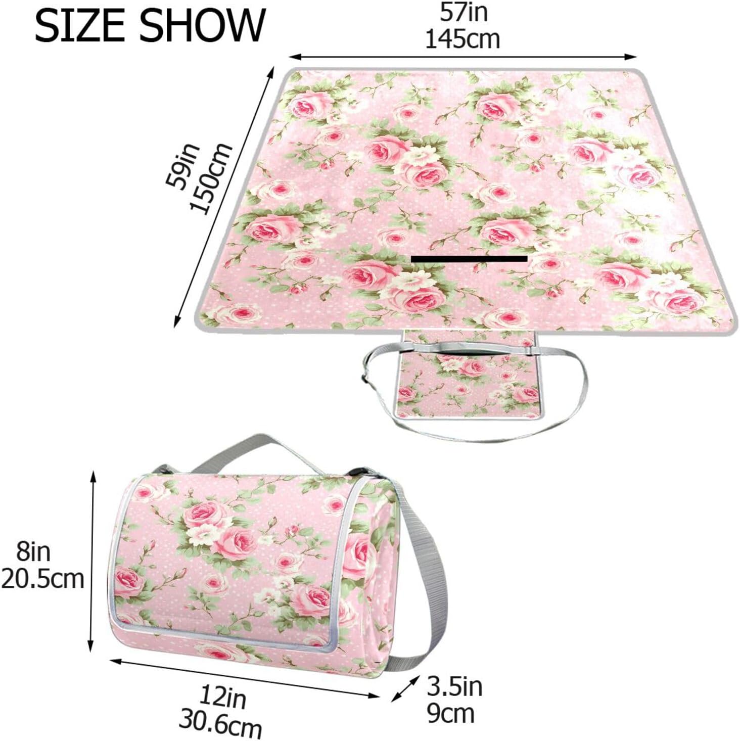 MNSRUU Picnic Blanket Waterproof Foldable, Vintage Pink Rose Large Outdoor Picnic Blanket Beach Blankets Camping Blanket Travel Mat, Shoulder Strap Tote, Rectangle 57x59in