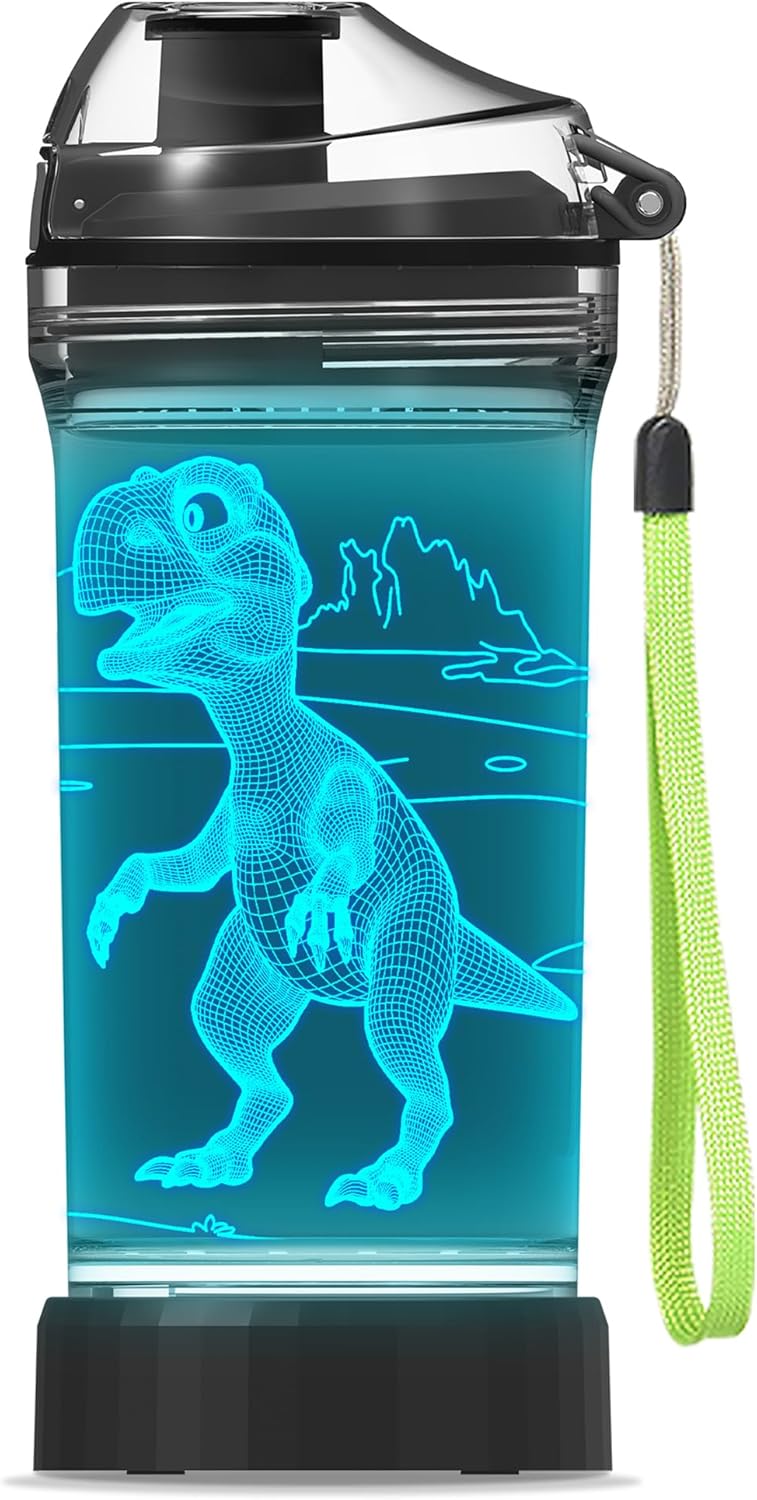 YuanDian Dinosaur Gifts, Light Up Boy Water Bottle with 3D Dino T Rex Design- 14 OZ Tritan BPA Free Eco-Friendly – Cool Drinking Cups Gift for School Kids Boy Girl Child Dinosauria Lovers