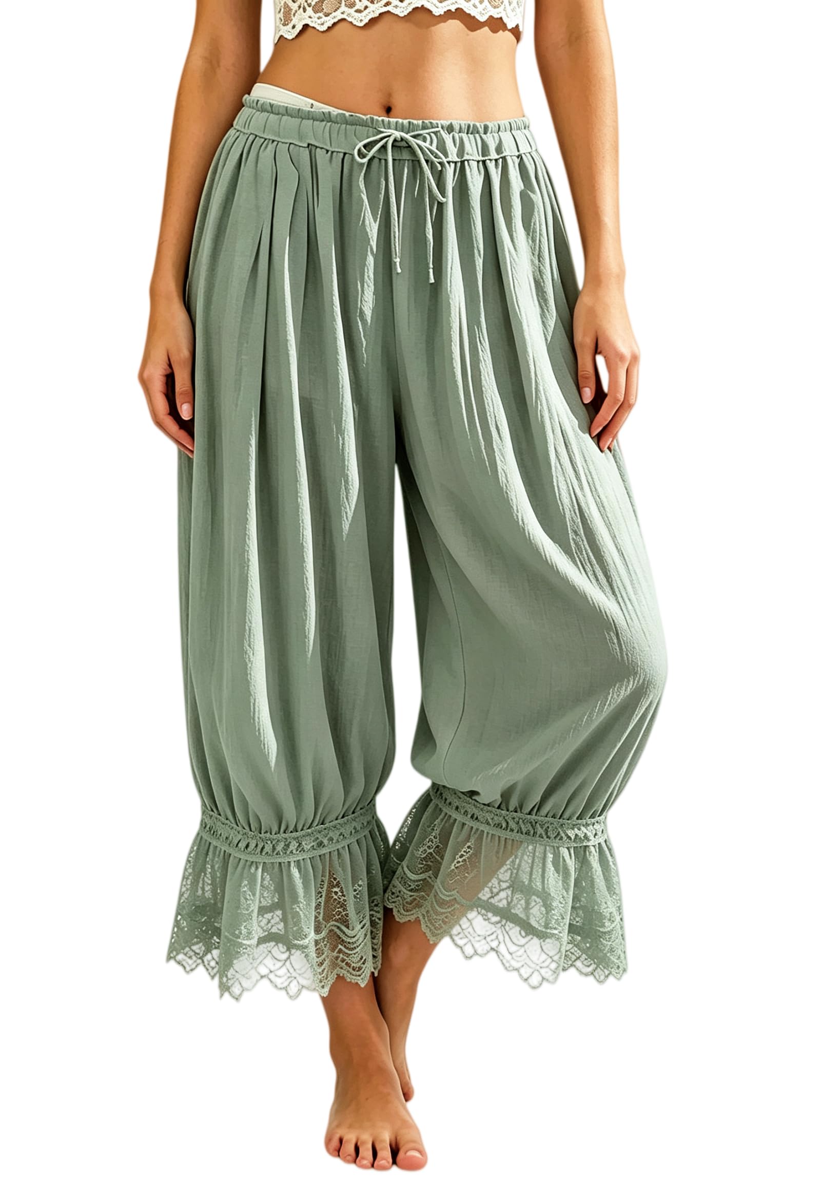 Women Lace Trim Long Bloomers Ruffle Pantaloons Culottes