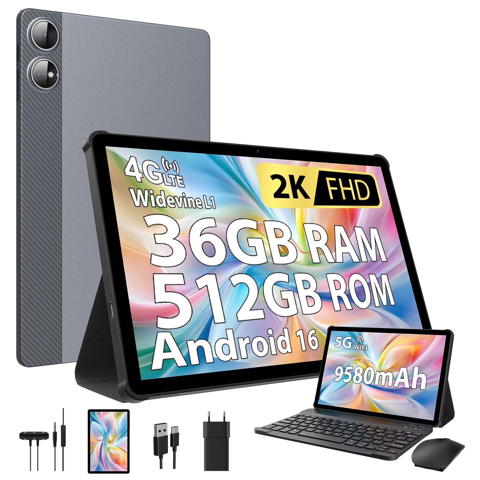 PIXGOOD Android 16 2K Tablet 11 Zoll, 36 GB RAM+512 GB ROM (2 TB TF), 4G SIM LTE + 5G WiFi, Octa-Core, 2000 * 1200, 9580 mAh, 13 MP + 8 MP, WidevineL1, GPS, Bluetooth, Tablet mit Tastatur(Grau)