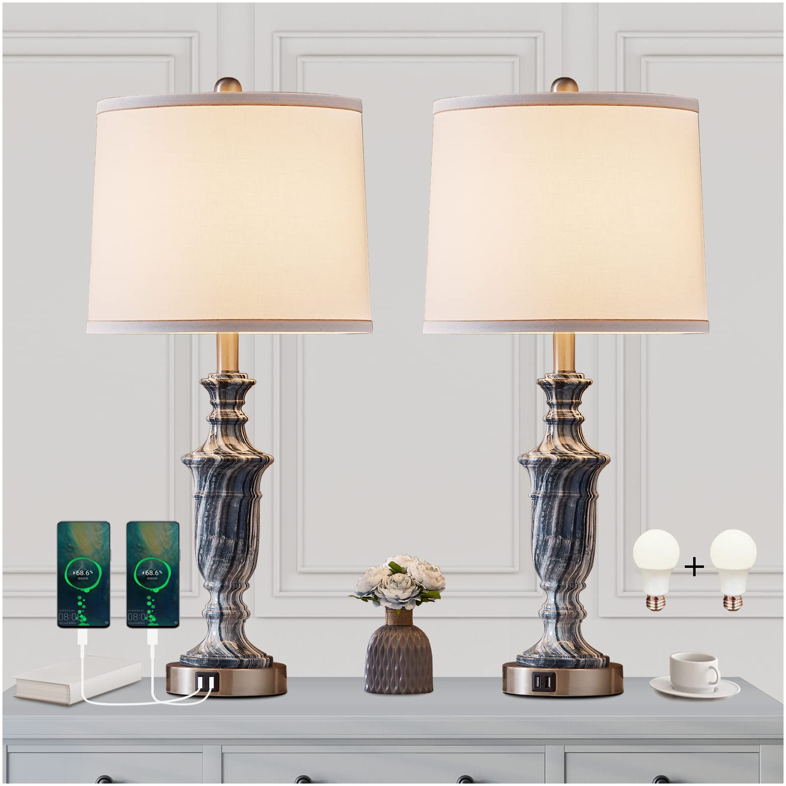 KIVDITZO Blue Marble Finish Touch Control Bedside Table Lamp Set of 2 Round Linen Shade 5V/2A USB Charging Ports lamp for Living Room Reading Room Bedroom Home Office