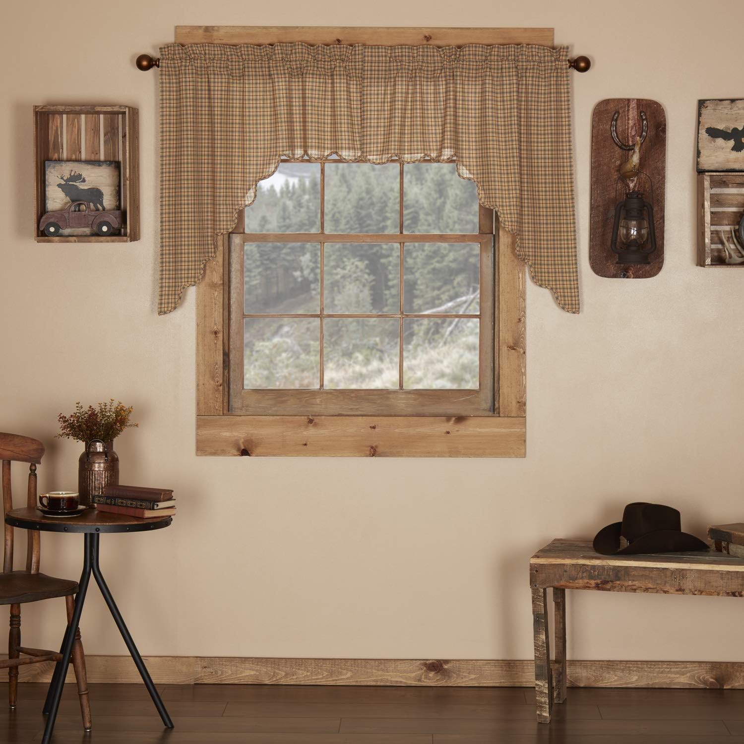 VHC Brands Millsboro Window Curtains, Short Panel Scalloped Set of 2, Tan, 63x36