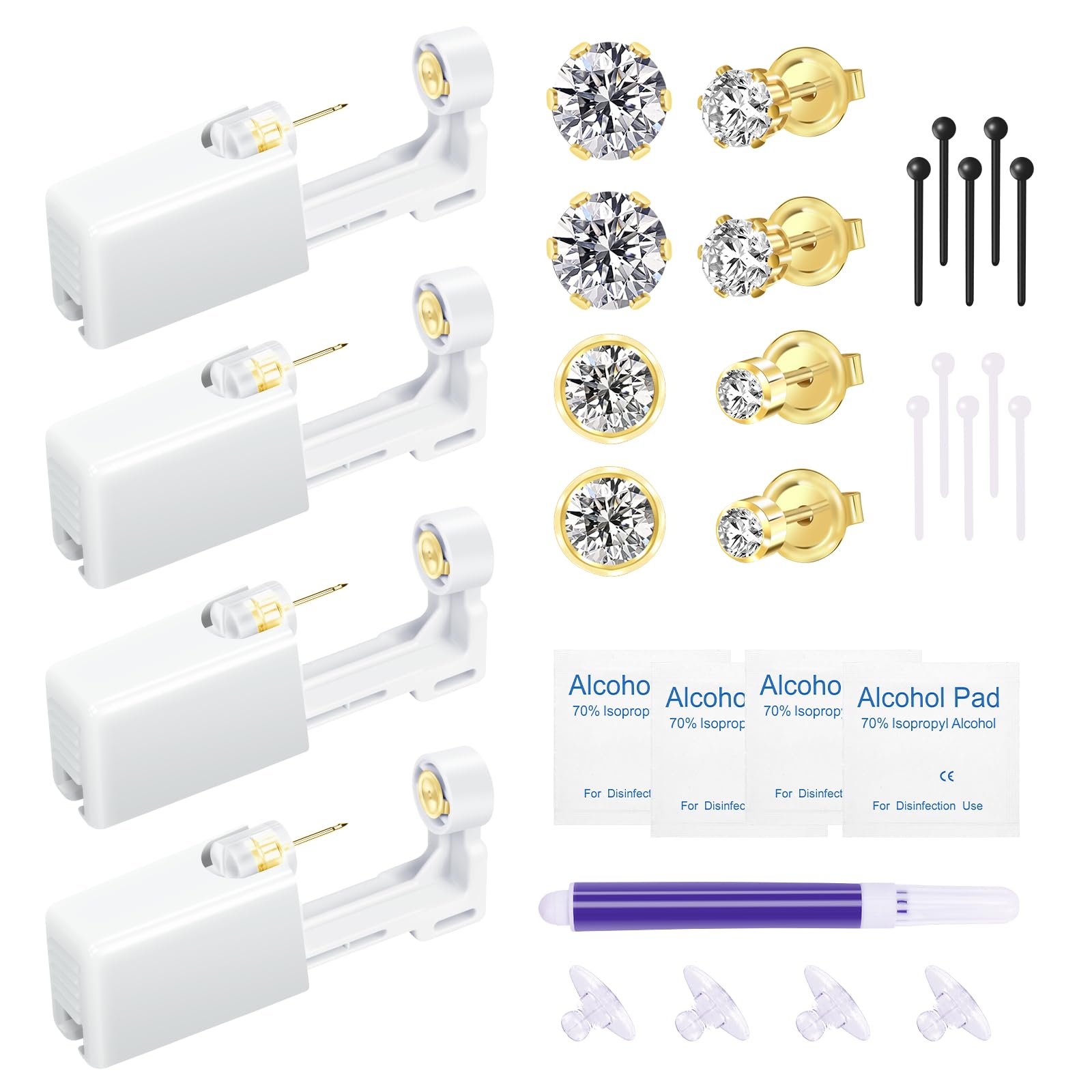 4pcs Ear Piercing Kit Gold, Ear Piercing Gun Gold, Disposable Ear Piercing Kit, Self Ear PIercing Gun Kit, Easy And Safe Earring Piercing kit