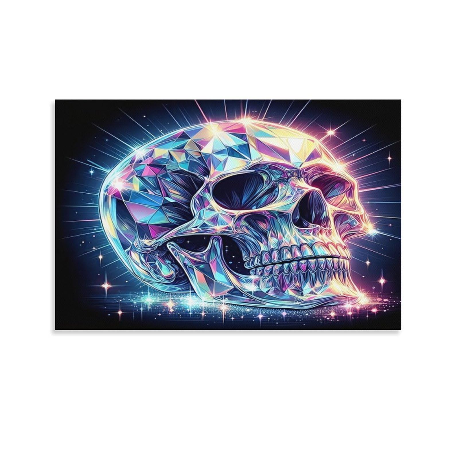 CPLVKWRQJ Crystal Skull Art Single Iridescent Crystal Skull Framed Canvas Wall Art - Living Room Gallery Wall Statement Piece Fade Resistant Decor 08x12inch(20x30cm)