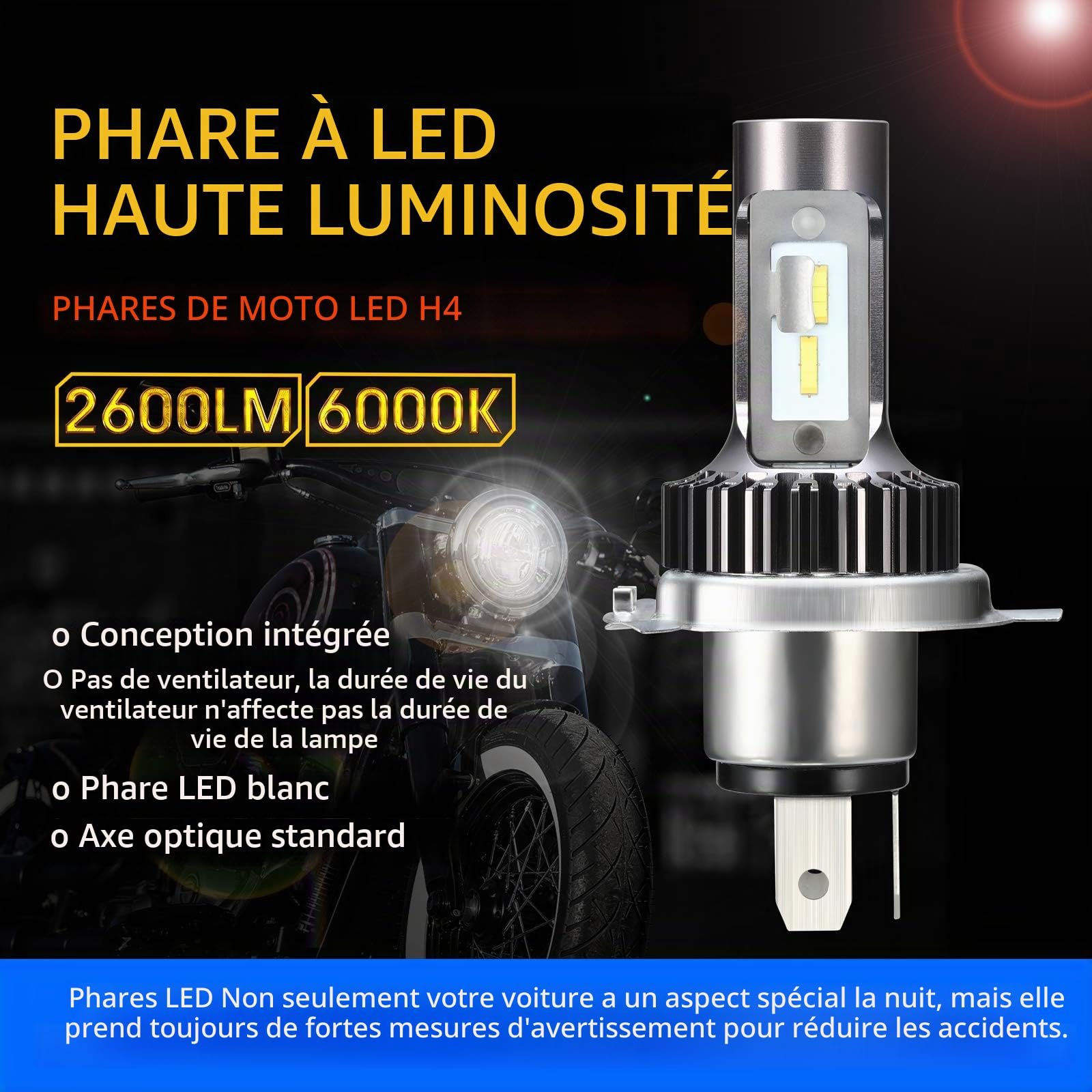 Ampoule H4 Led Moto de Phare Sans Ventilateur, Kit de Conversion 25W HS1/9003 Ampoule de Rechange Parfaite Pour Halogène H4 6000K xénon Lumière Blanc,1 PCS