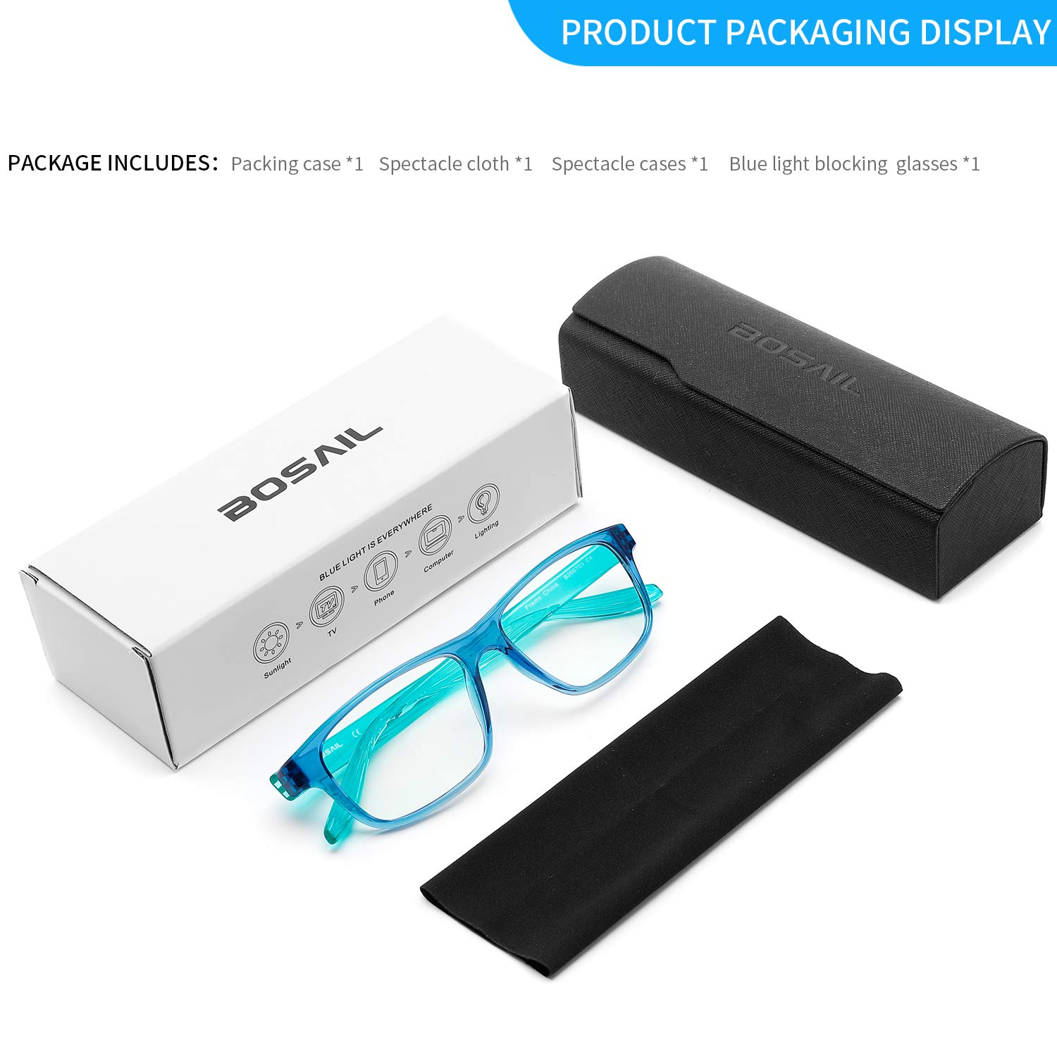 BOSAIL Blue Light Blocking Glasses TR90 Lightweight Square Frame,Anti Glare UV Eyestrain, Fashion Computer Eyeglasses for Men Women