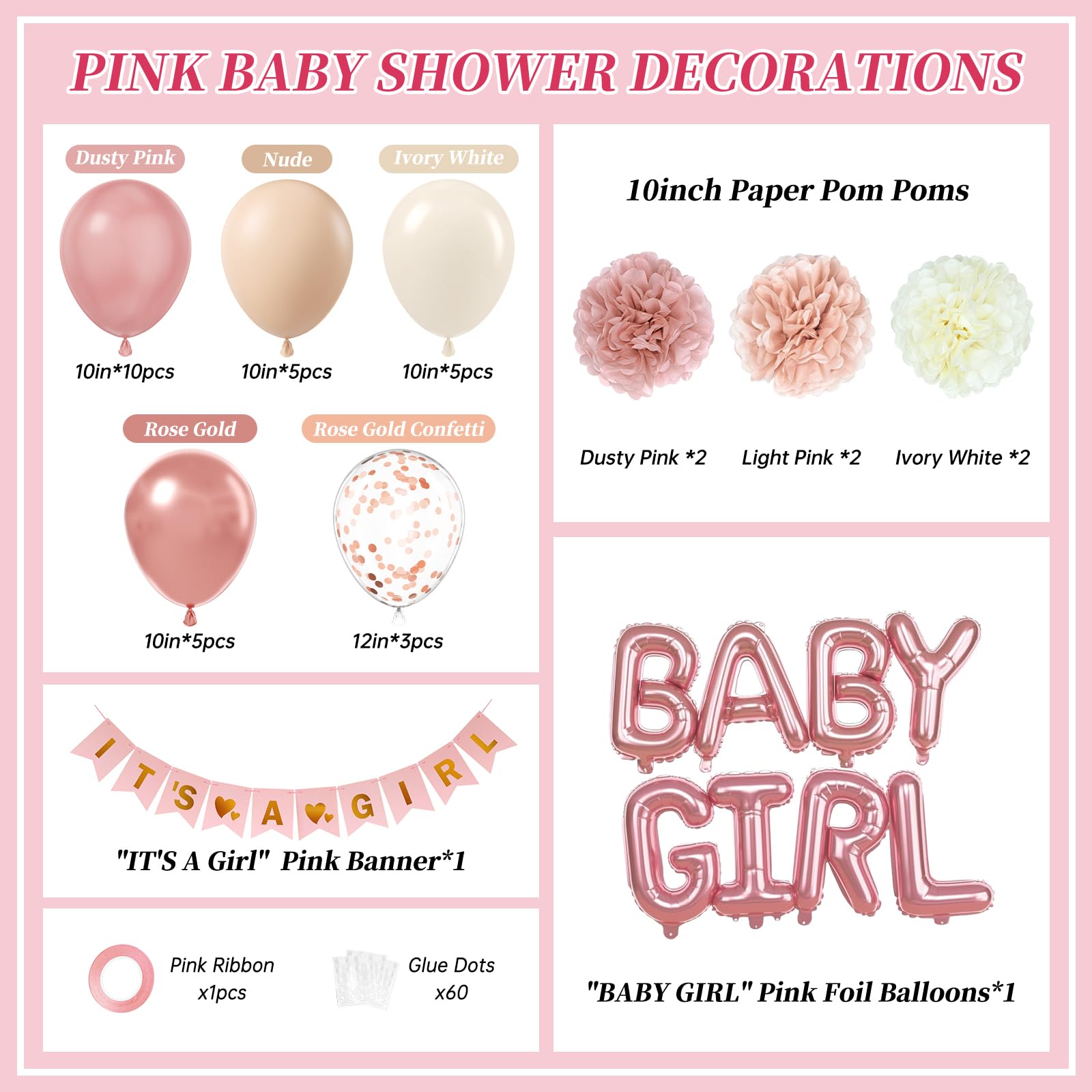 Pink Baby Shower Decorations with Ivory White Paper Pom Poms Rose Gold Dusty Pink Balloons Banner for Gender Reveal Birthday Party Baby Shower Decorations
