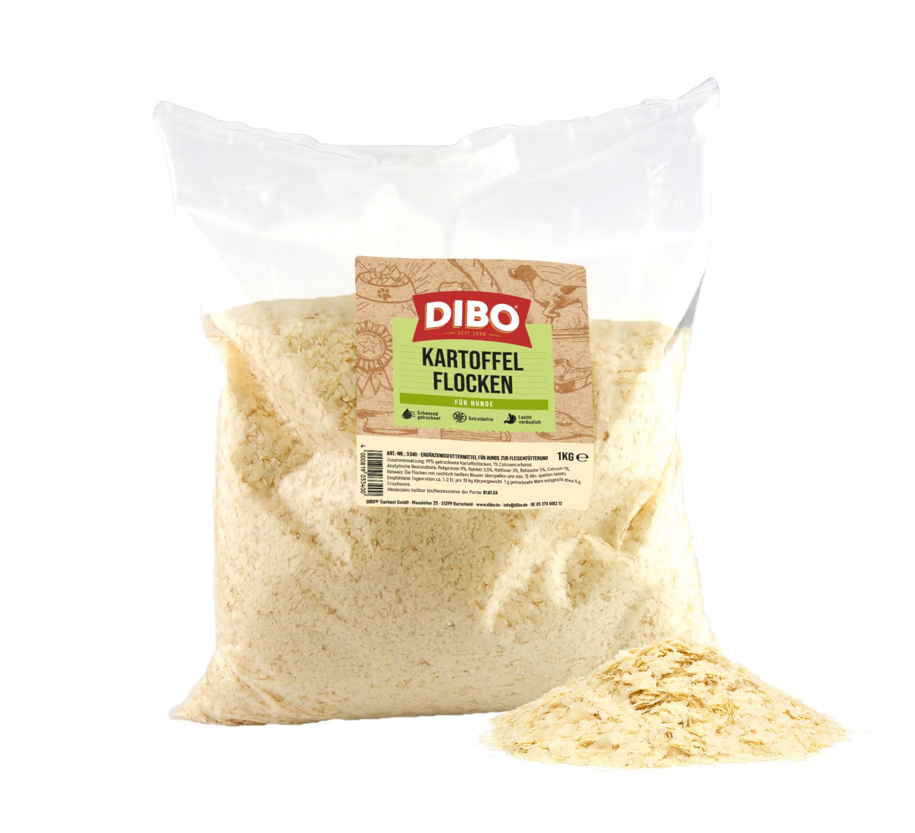 Kartoffelflocken, 1kg-Beutel, Nahrungsergänzung als gesunde, natürliche Ernährung für Hunde von DIBO, Hundefutter, Barf, B.A.R.F.