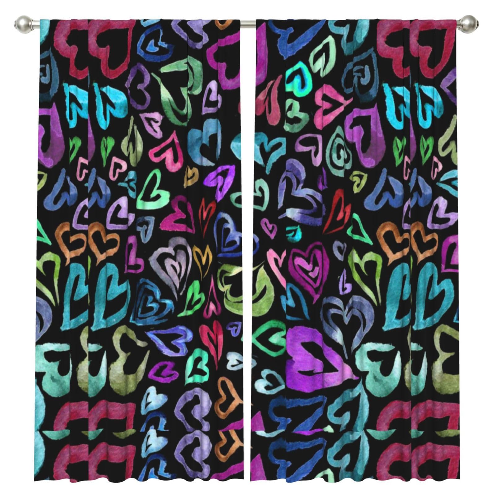 InOmak Colorful Heart, 2 Panels Window Curtains 52 x 84 Inch Blackout Curtains for Living Room Bedroom