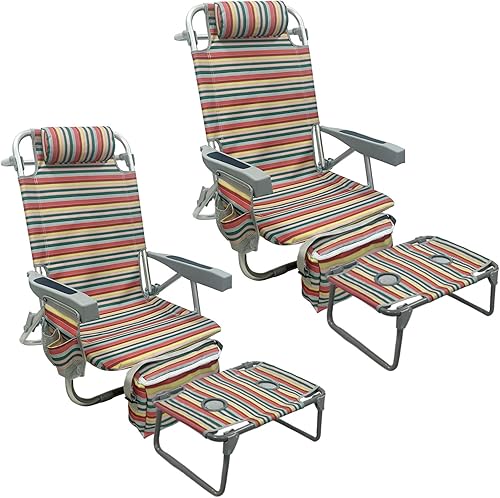 Silla de playa tipo mochila de aluminio, paquete de 2 con mesa de camping plegable, 5 posiciones, silla de descanso plana para exteriores para