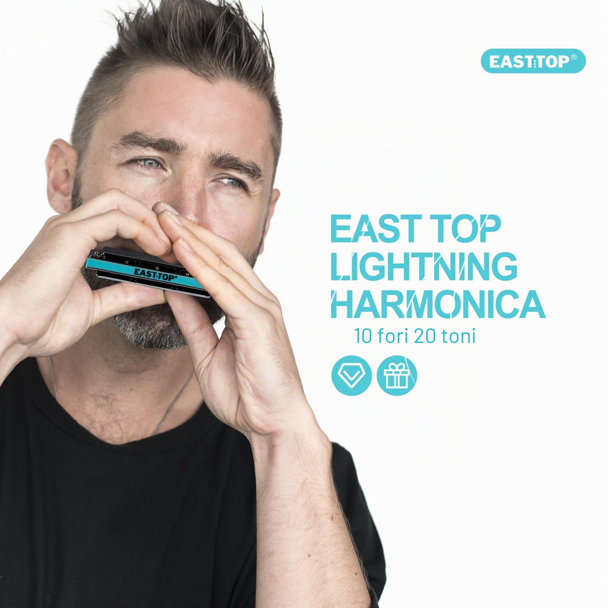 East Top Armonica diatonica avanzata in chiave di do, 10 fori, per blues arpa, organo a bocca con copertura argentata