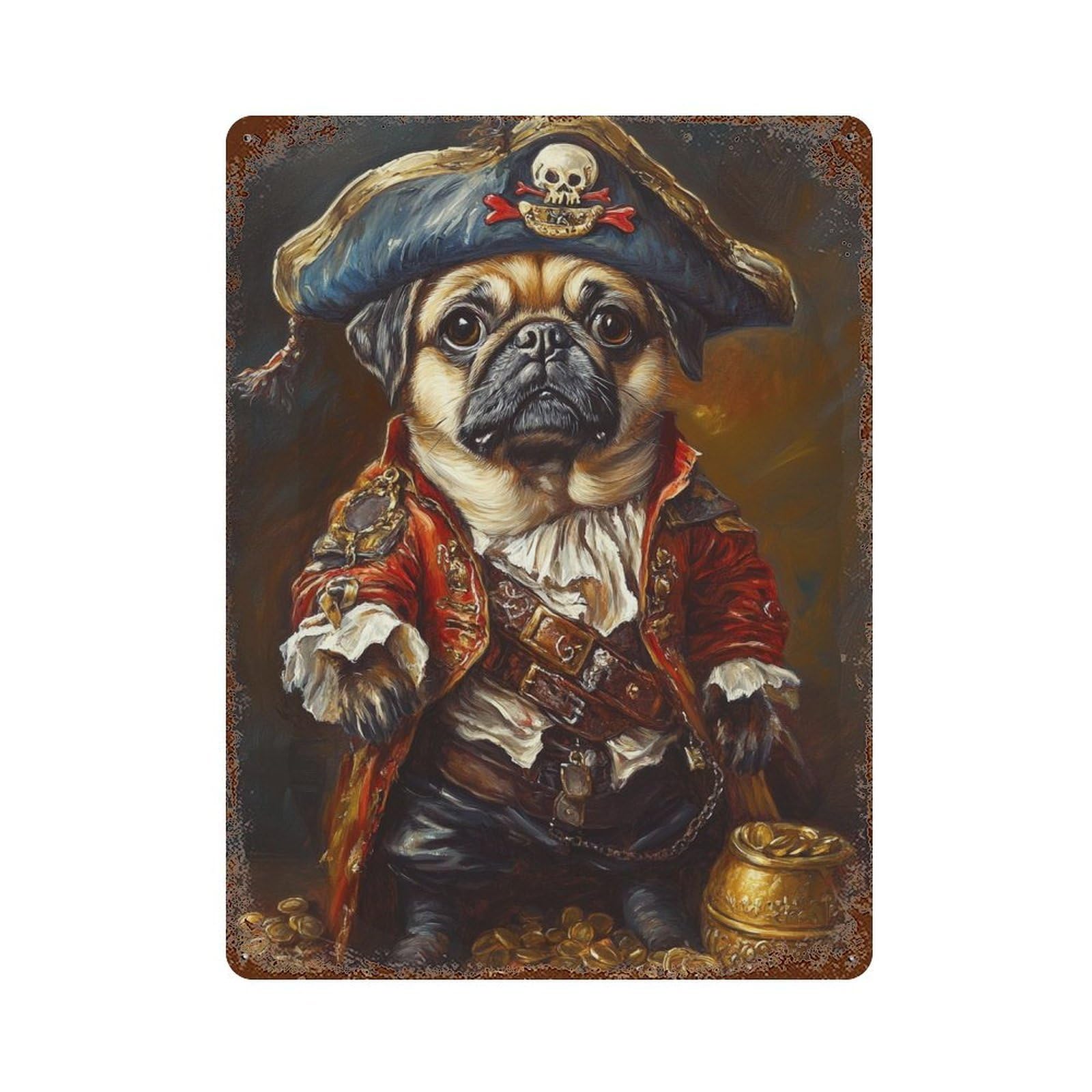 Retro Metal Sign with Pirate Pug with Treasure Chest Design 15.7"x11.8", for Shed, Workshop And Garage Wall Decor, Old School Wall Decor