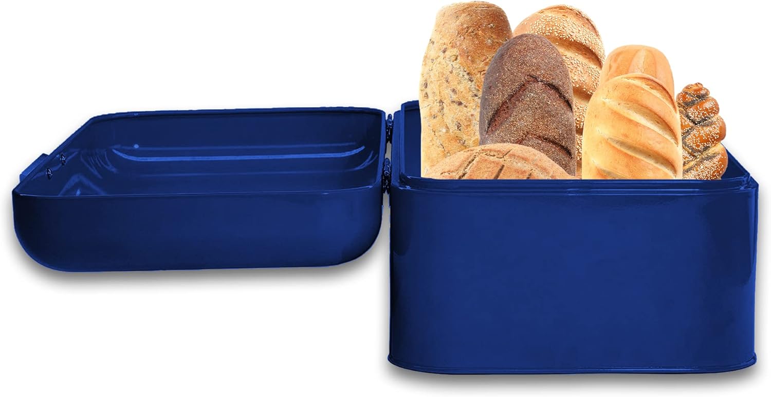 Large Blue Bread Box - Powder Coated Stainless Steel - Extra Large Bin for Loaves, Bagels & More: 16.5" x 8.9" x 6.5" - Bonus Recipe EBook: Home & Kitchen