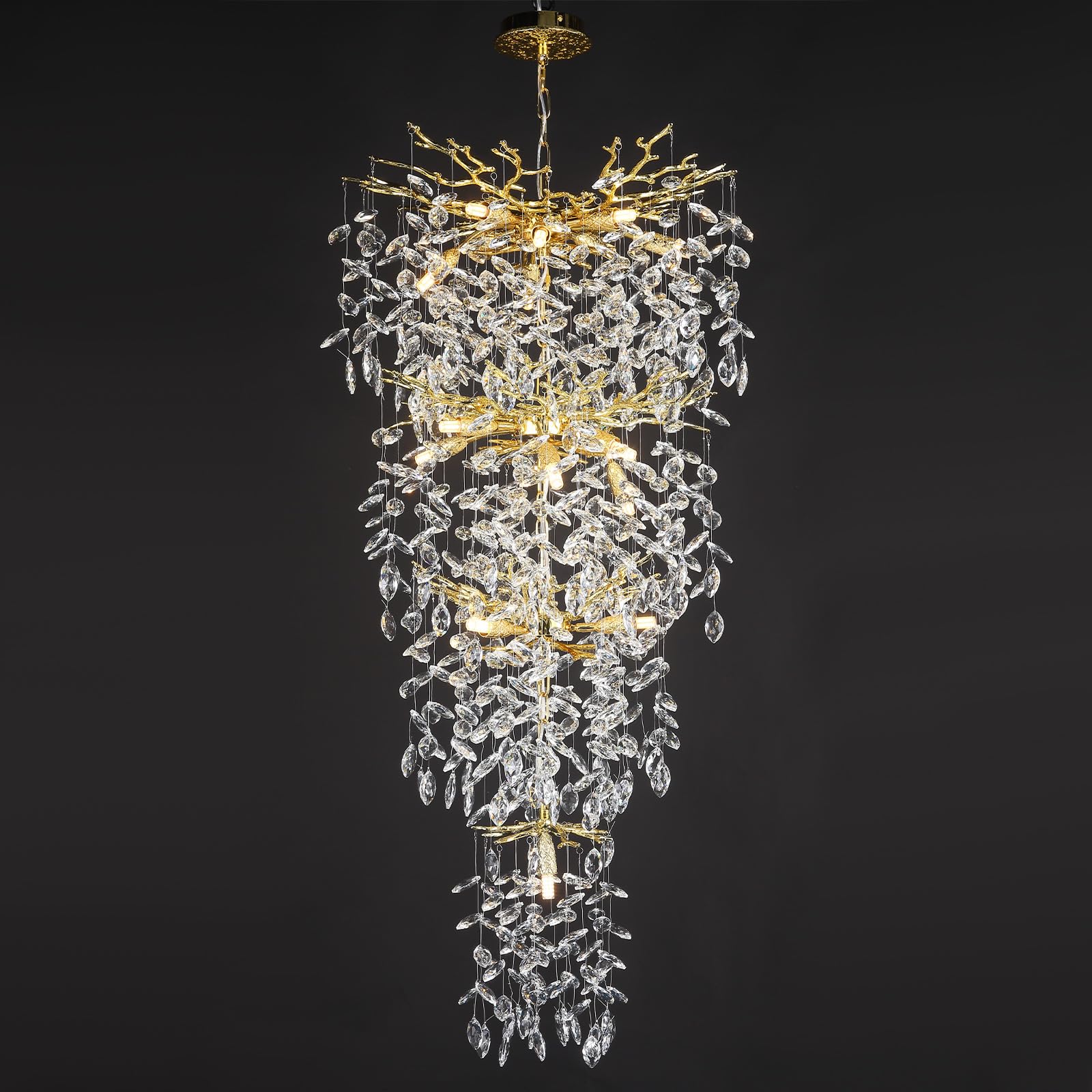 YUYI 47'' Long Crystal Chandelier for High Ceiling, 25-Light Modern Gold Tree Branch Chandelier, Large Chandeliers for Staircase Foyer Entryway Living