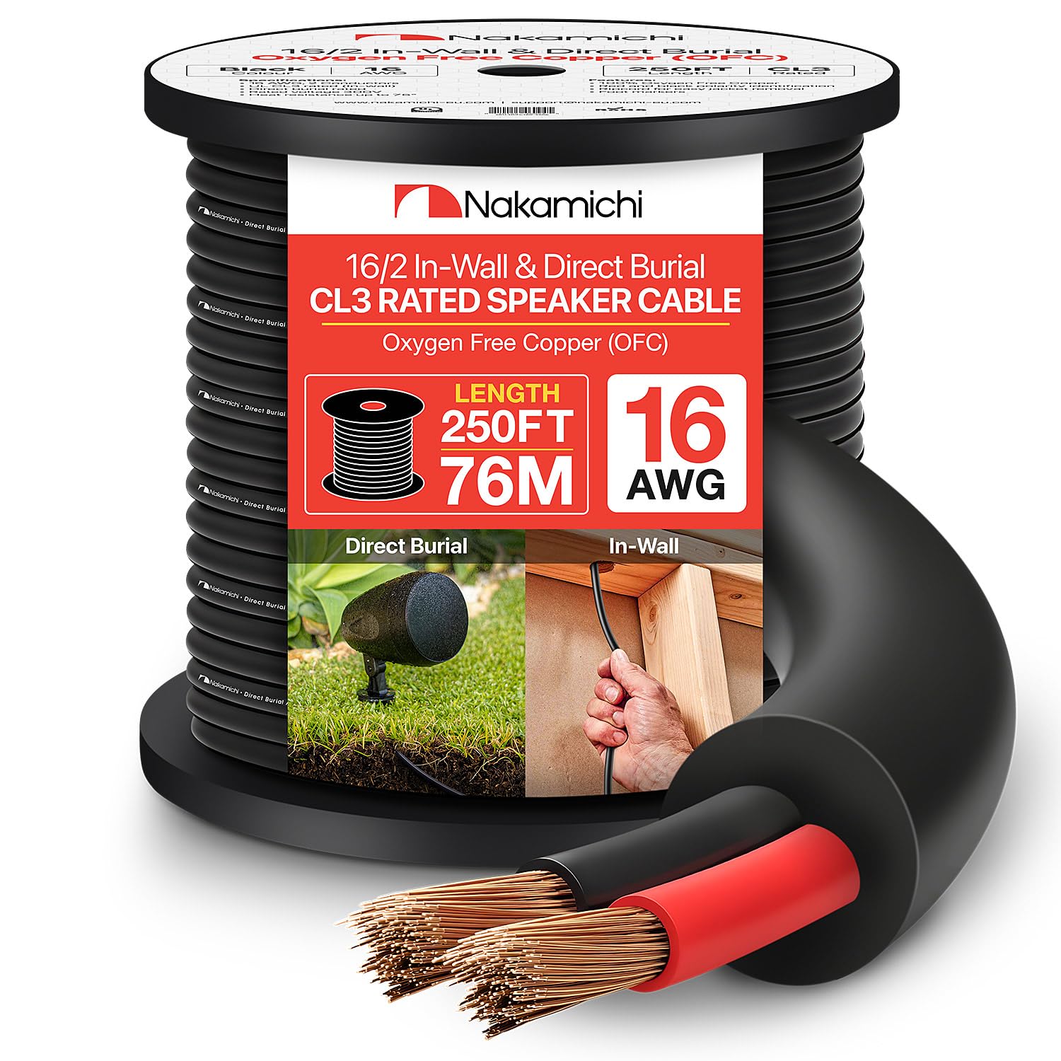 Nakamichi 16/2 (250 piedi) Cavo per altoparlanti a 2 conduttori in rame privo di ossigeno (OFC) per installazione a parete e interrata (certificato UL CL3) uso esterno, nero (16AWG / 250ft / 76,21m)