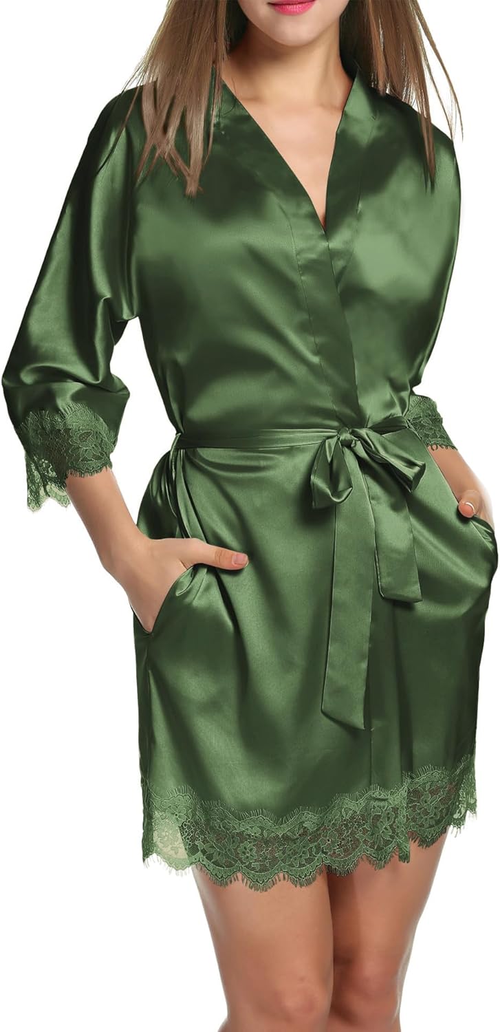 Ekouaer Womens Silk Robe Short Lace Trim Satin Robe 3/4 Sleeve Sexy Kimono Bride Bathrobe Comfy Sleepwear with Pockets - Image 3
