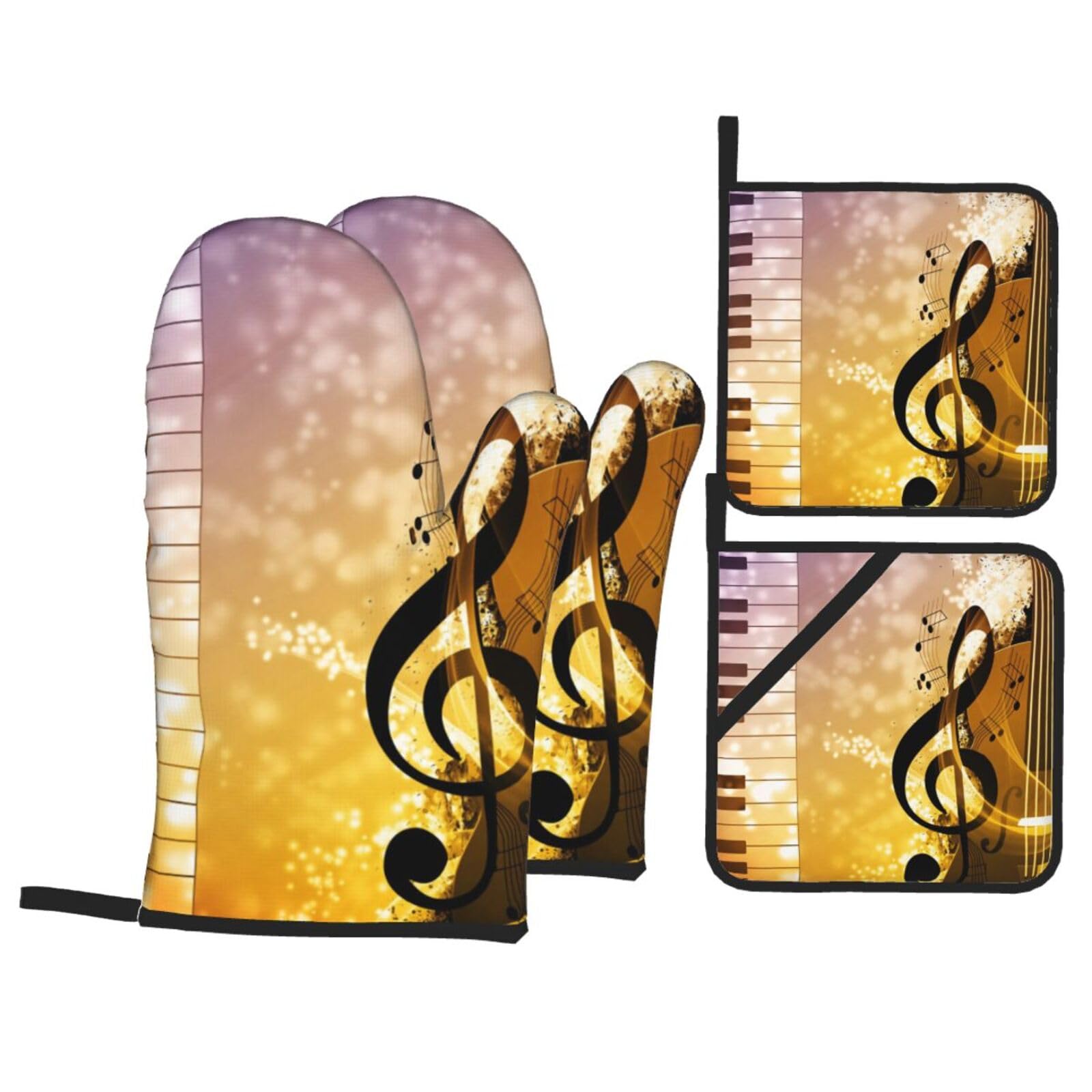 Piano Violin Music Notes Print Stylish Heat-Resistant Oven 4-Piece Set Kitchen Gloves Roasting Daily Cooking