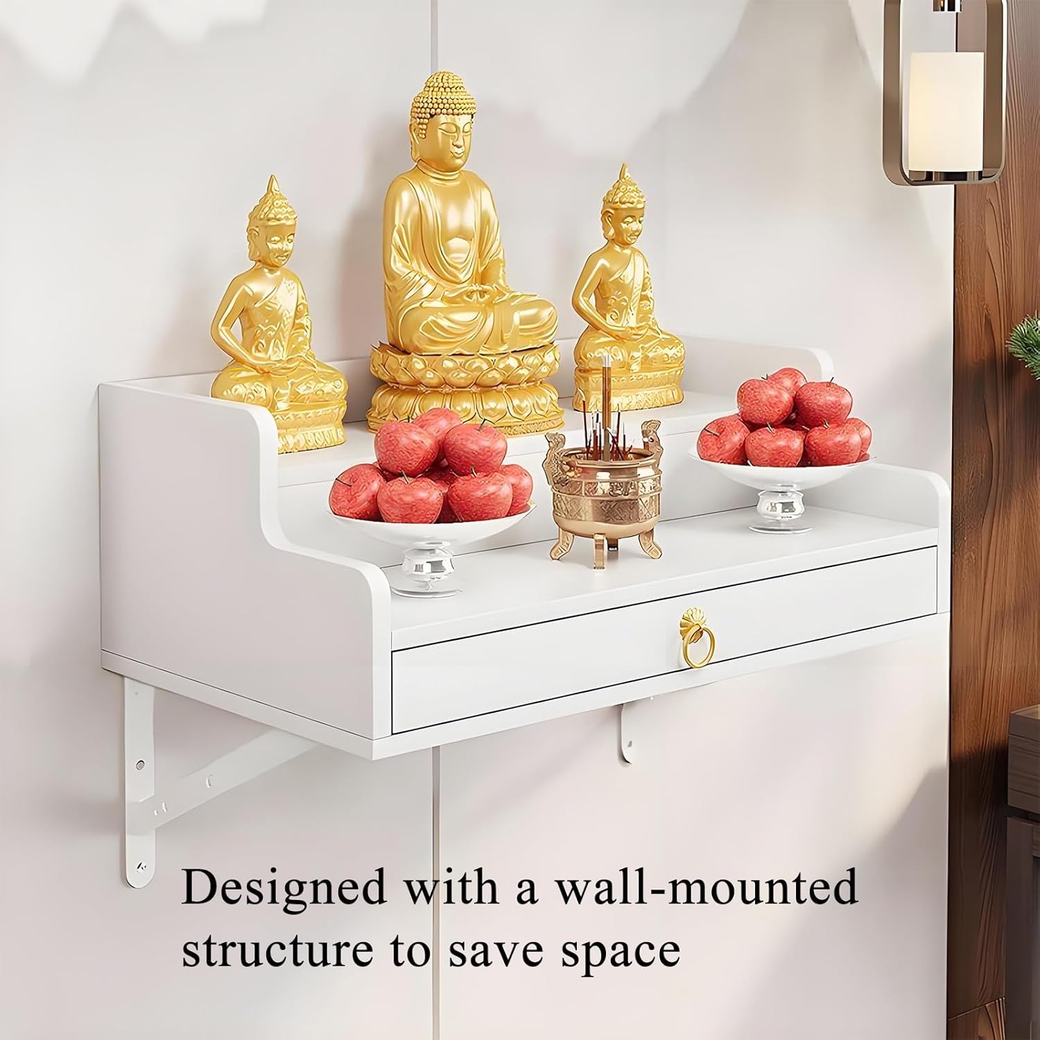 Buddha shelf,Household Solid Wood Wall Cabinet Buddha Cabinet Niche with Drawer,Wall-Mounted Buddha Statue Stand Shrine Altar Table,Bamboo Buddhist Offering Niche for Pooja and Incense Tribute(Light w
