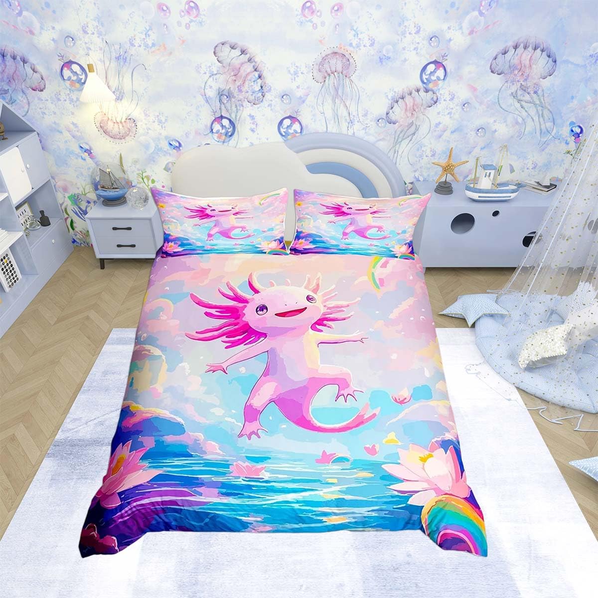 Homemissing Pink Axolotl Duvet Cover Set Single Size For Kids Boys Girls Teens Cartoon Salamander Bedding Set Rainbow Floral PrintDuvet Cover with 1 Pillowcase