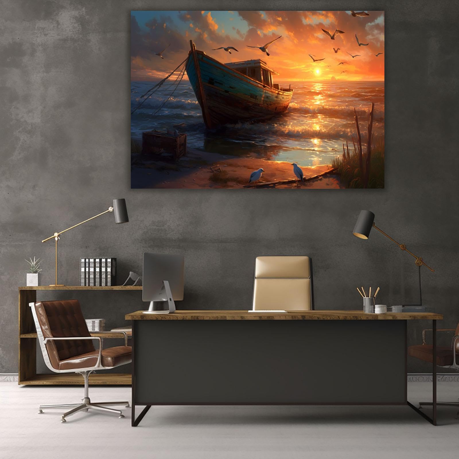 SYGALLERIER Nautische Leinwand-Wandkunst – Handbemaltes Bild, Rotes Boot