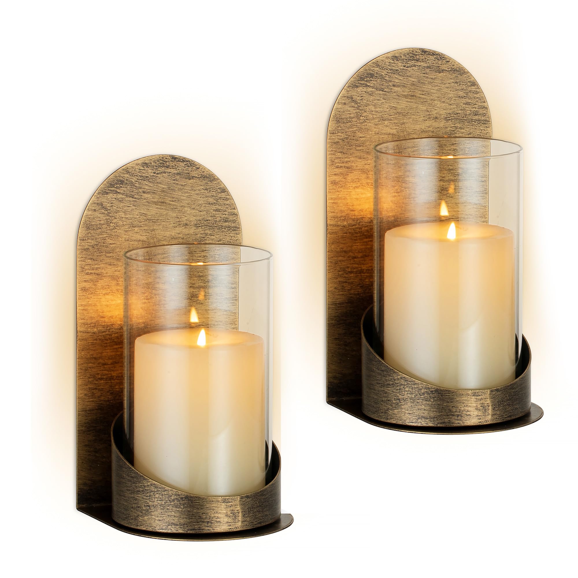 Sziqiqi Copper Wall Candle Holders: Vintage Candle Sconces Set of 2 with Hurricane Glasses - Metal Wall Mounted Candle Holders for Pillar as Wall Art for Living Room Bathroom Bedroom Fireplace Hallway