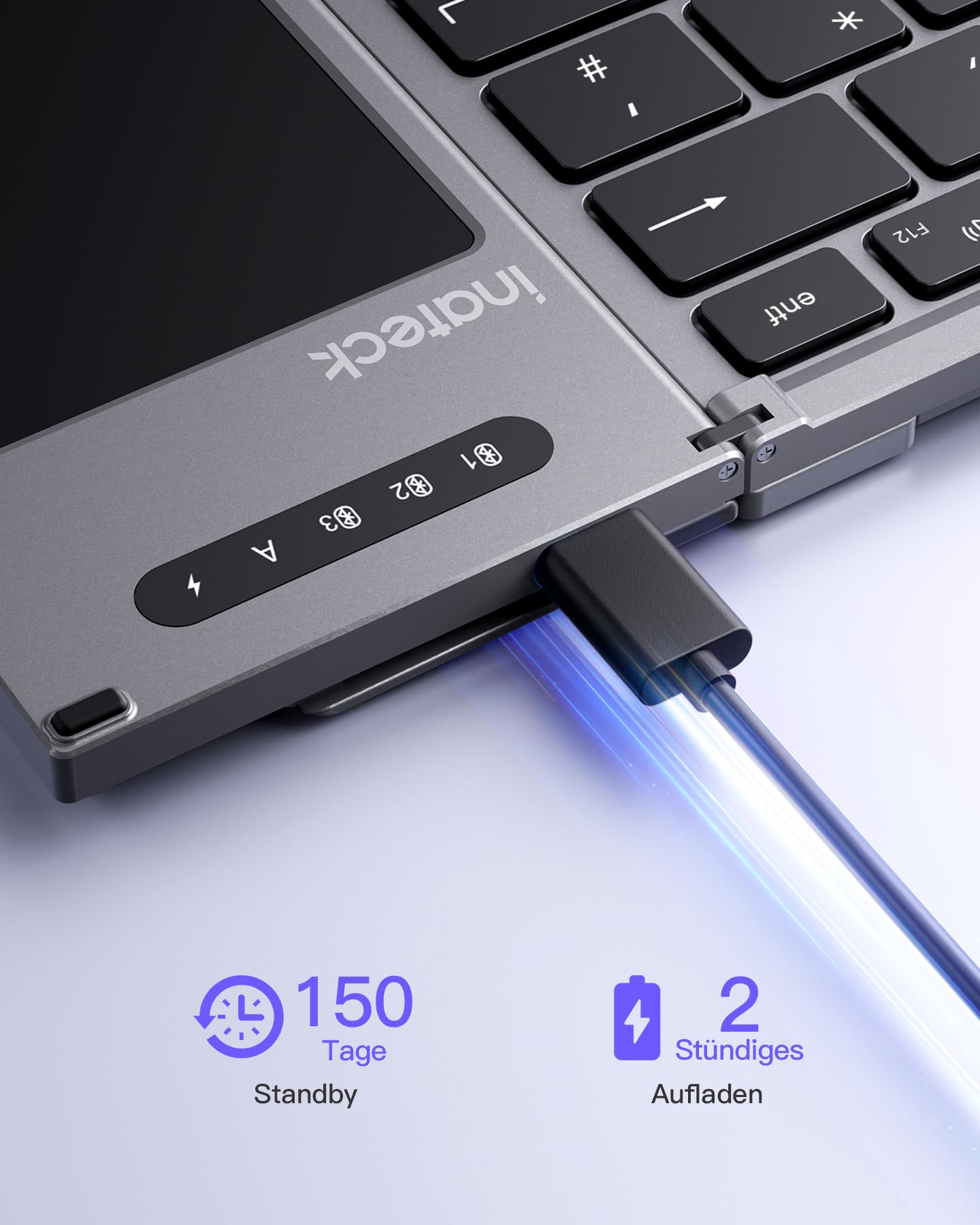 Inateck Faltbare Mini Tastatur, KI-Funktion mit Touchpad,3 Bluetooth-Kanälen, kompatibel mit iPadOS Android, Windows, QWERTZ, KB06101