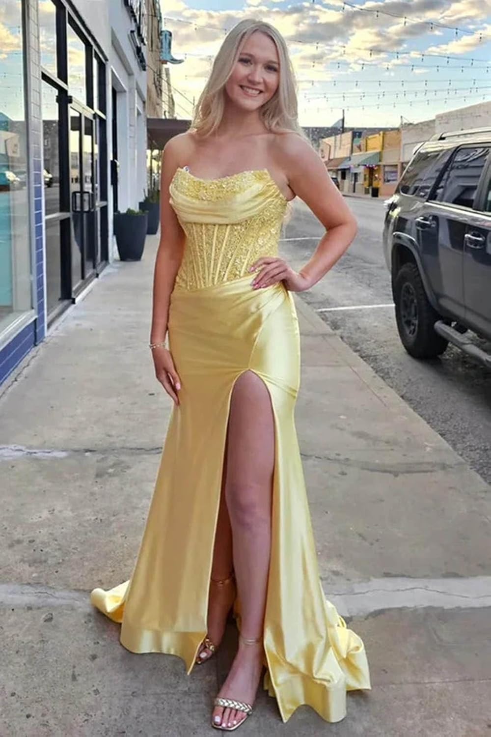 Strapless Corset Prom Dresses Long Ball Gown Sequin Mermaid Evening Dress for Women with Slit