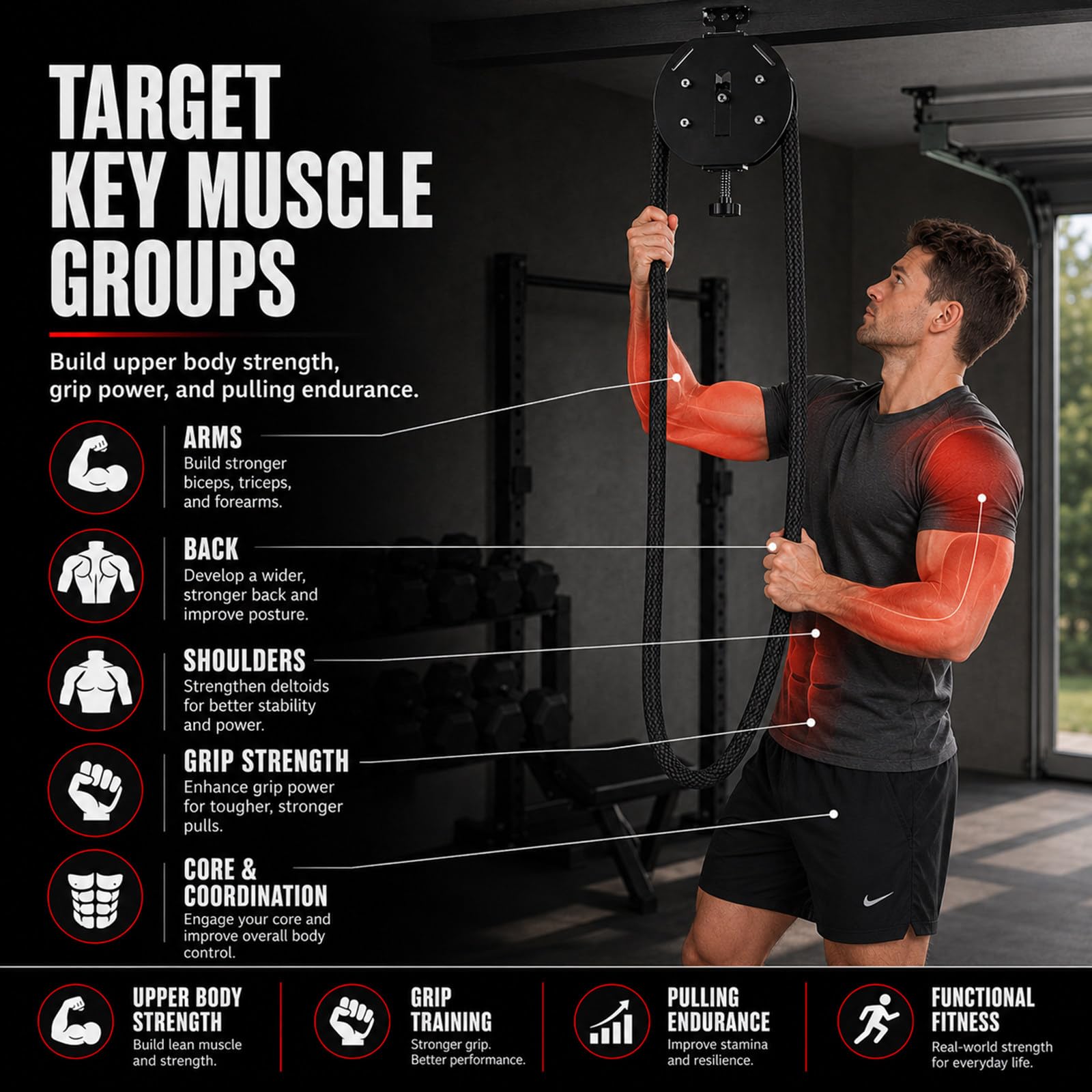 Oszczędność miejsca w domu, Trenażer linowy Endless Rope Trainer z liną 4 m i oporem 3-20 kg, do home gym, pleców, ramion i grip training, do małych przestrzeni