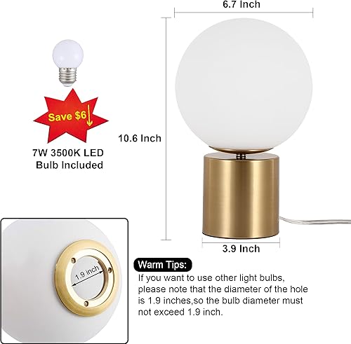 Miniatura 3 de 11 Inch Modern Mid Century Gold Globe Table Lamp,Round Bedside Nightstand Lamp with White Glass Shade Metal Base Desk Lamp for Bedroom Living Room