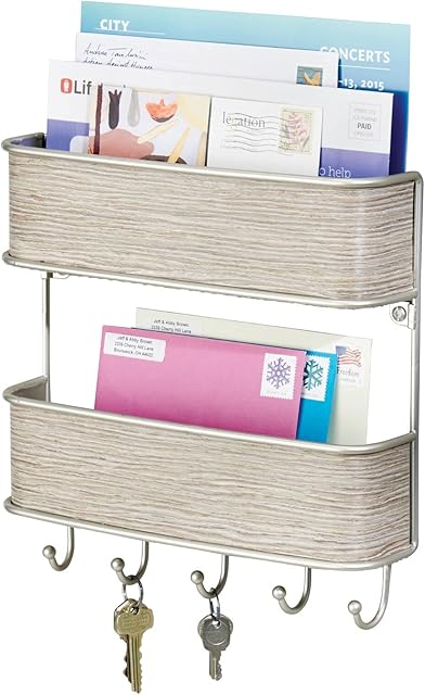 mDesign Letter Tray and Key Organiser - Wall-Mounted Key Rack and Letter Holder - 2 Slots for Letters and Multiple Key Hooks - Satin/Grey Wood Finish