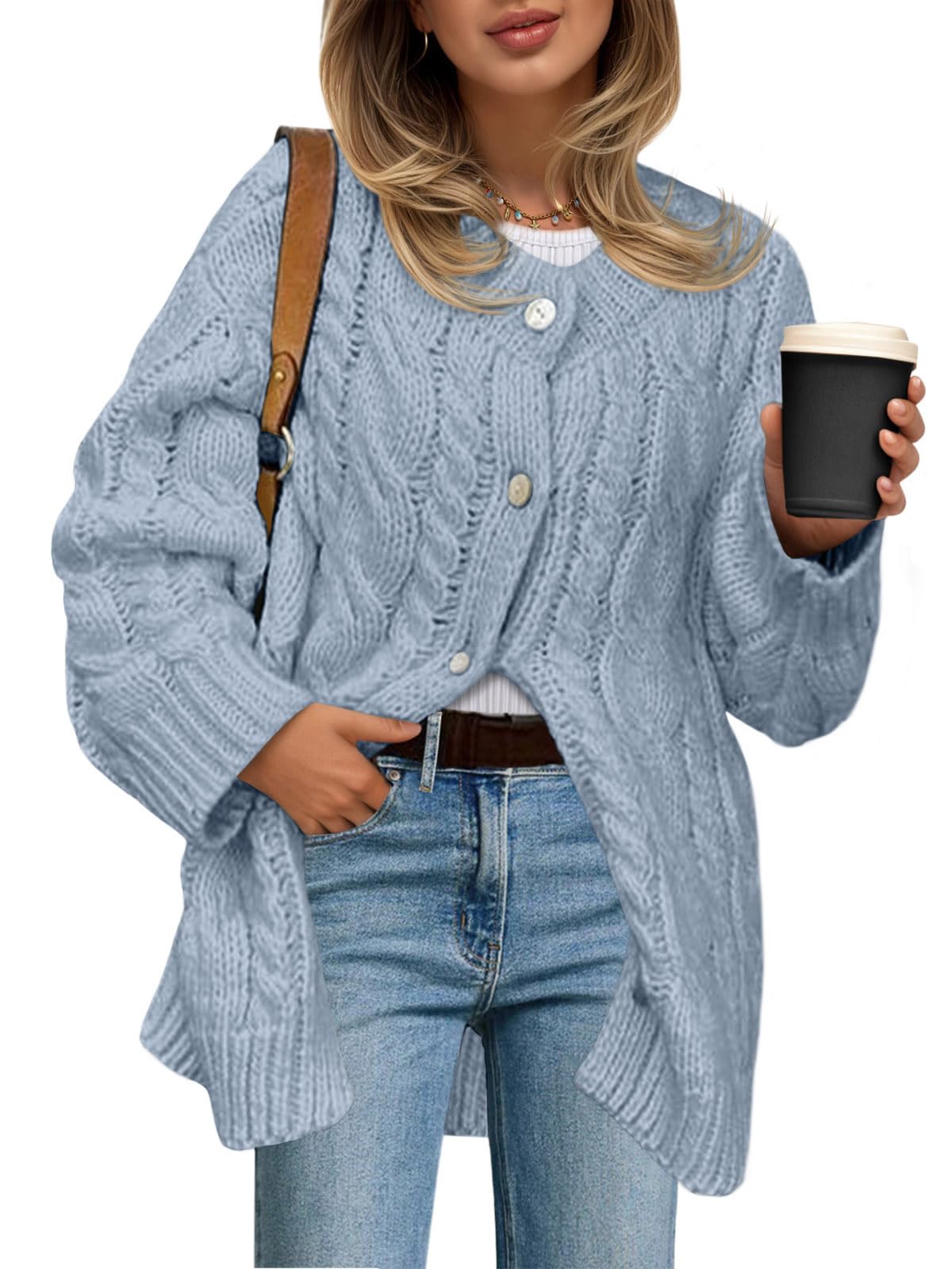 Saodimallsu Womens Cable Knit Cardigan Sweaters Chunky Button Up Long Sleeve Crew Neck Warm Loose Sweater Dress