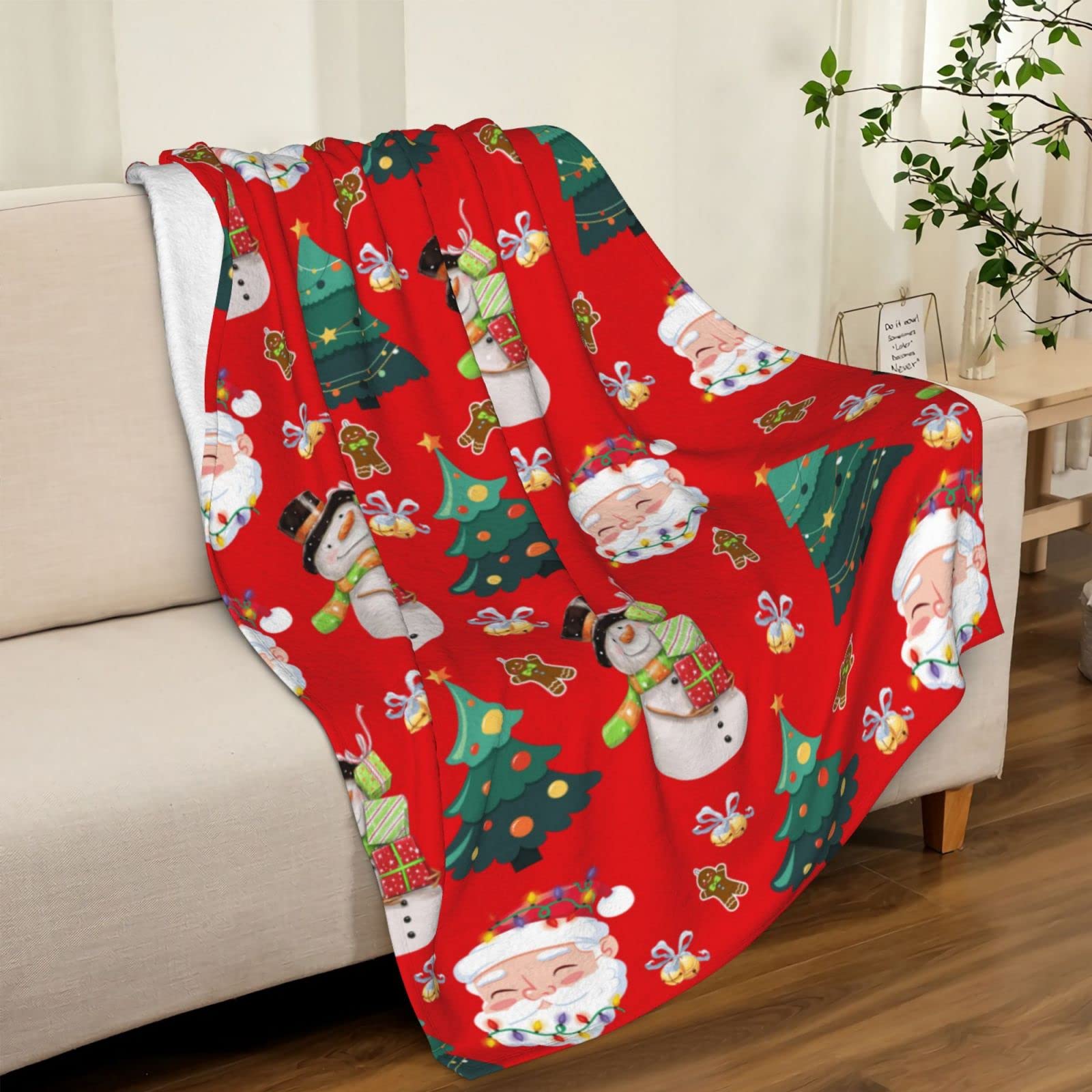 JOOCAR Cartoon Christmas Blanket Cute Christmas Tree Print Funny Santa Claus Snowman Fannel Blanket Soft Plush Warm Throw Blanket for Bed Couch Living Room Sofa Chair(Red - Image 4