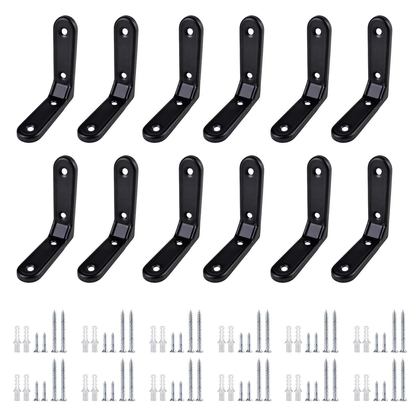 HHXUUAN 75mm Black Heavy Duty L Brackets for Shelves with Screws, 12 Pcs