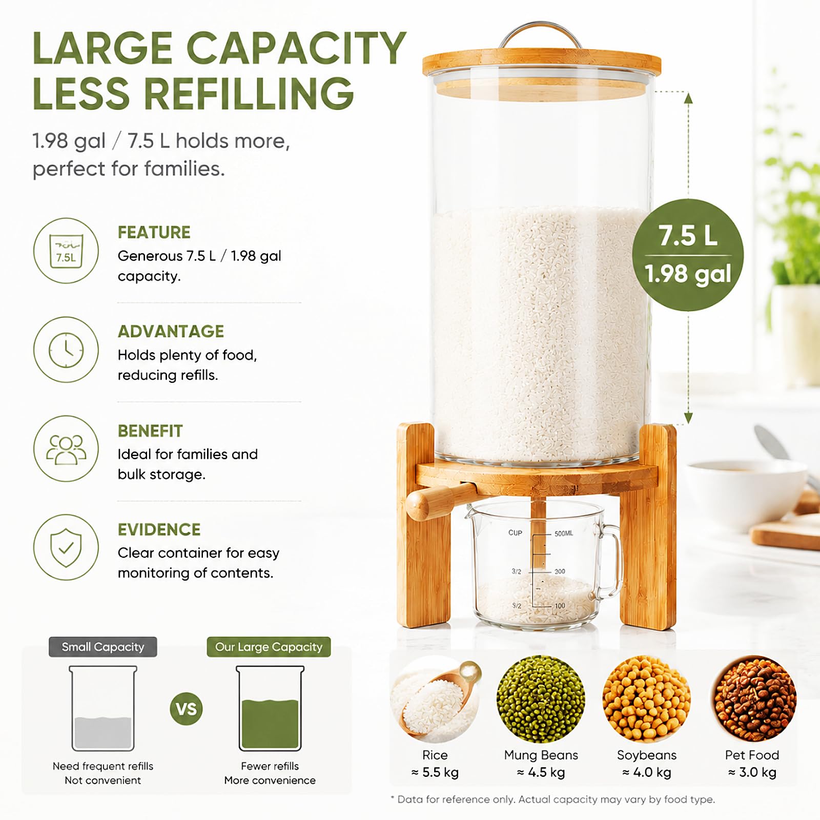 Distributeur de céréales de 7,5 l - 20 x 30 cm - Grand réservoir de céréales - Récipient de rangement en verre avec couvercle en bambou et valve pour riz, céréales, céréales