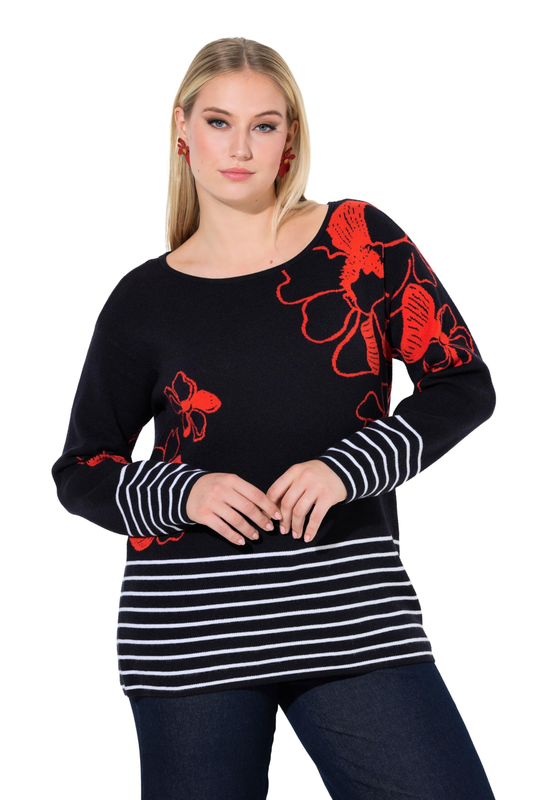 Ulla Popken Damen große Größen Übergrößen Plus Size Pullover, Blüten, U-Boot-Ausschnitt, Langarm 846186