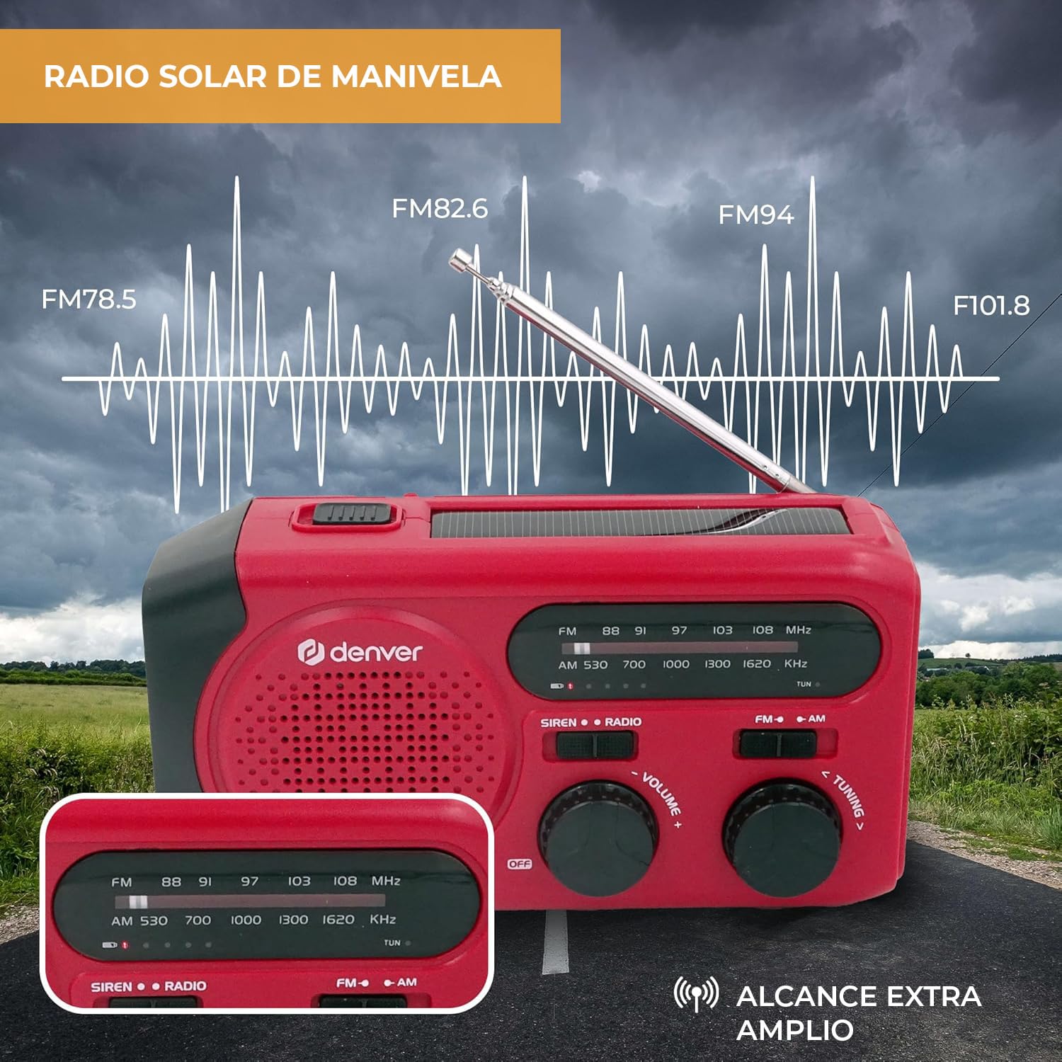Denver SCR-2010MK2 Radio Solar de Emergencia con Manivela, Am/FM, Linterna LED 1W, Sirena SOS, Batería Recargable 2000 mAh, USB-C/USB-A, Funciona con Pilas AAA, para Apagones y Camping