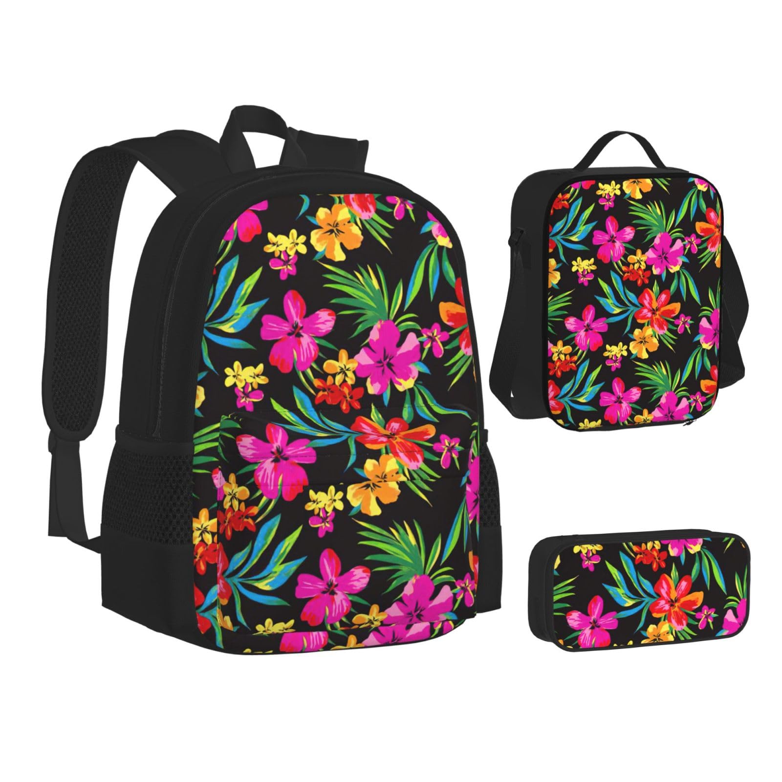 Juego de 3 mochilas escolares hawaianas con estampado de flores coloridas, mochila para laptop resistente al agua de gran capacidad con bolsa de almuerzo aislada y estuche para lápices para