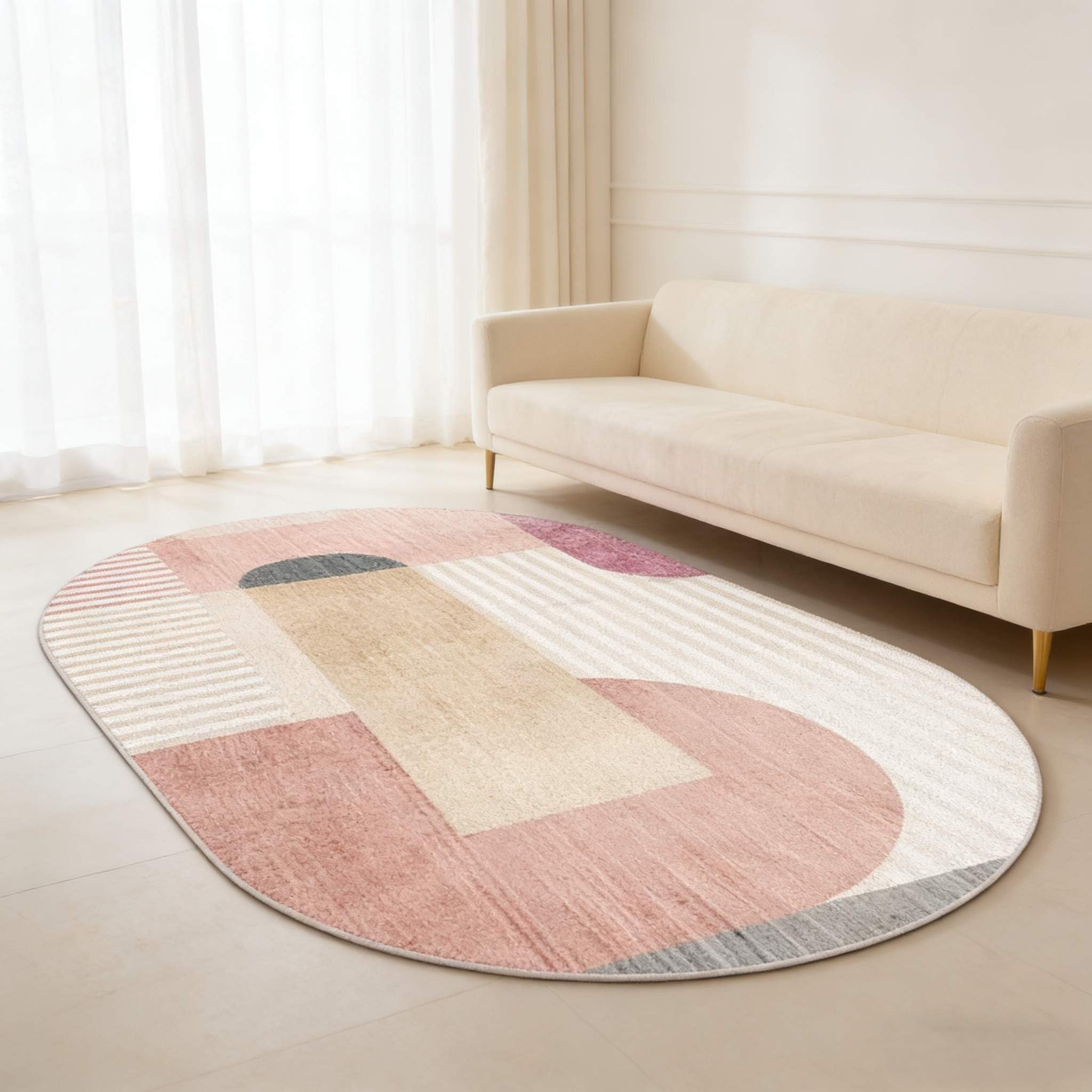 Owalne dywany do salonu miękkie antypoślizgowe nadające się do prania sypialnia gabinet jadalnia dywan mata nowoczesna geometryczna polichrom, koralowo-różowy, 120 x 200 cm