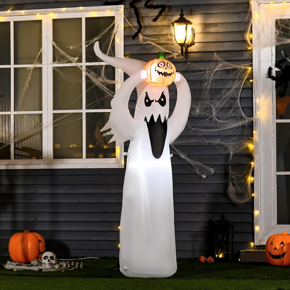 YUONNY 1,8m Décoration Gonflable Lumineux Halloween, Modèle Fantôme & Petite Citrouille Gonflable avec Lumières LED Intégrées, Ornements Halloween pour Jardin Pelouse Cour Intérieur Extérieur Fête