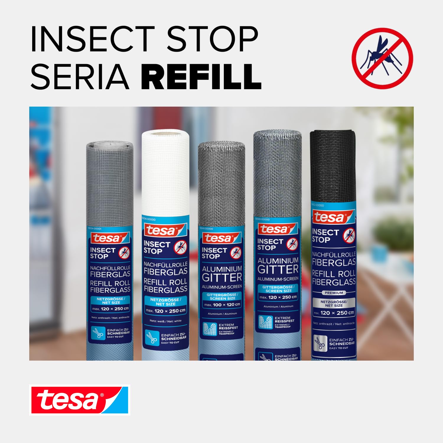 tesa INSECT STOP Refill Roll Fiberglass - rolka wymienna z siatką z włókna szklanego do moskitiery - 120 x 250 cm, biały (lekka prywatność)