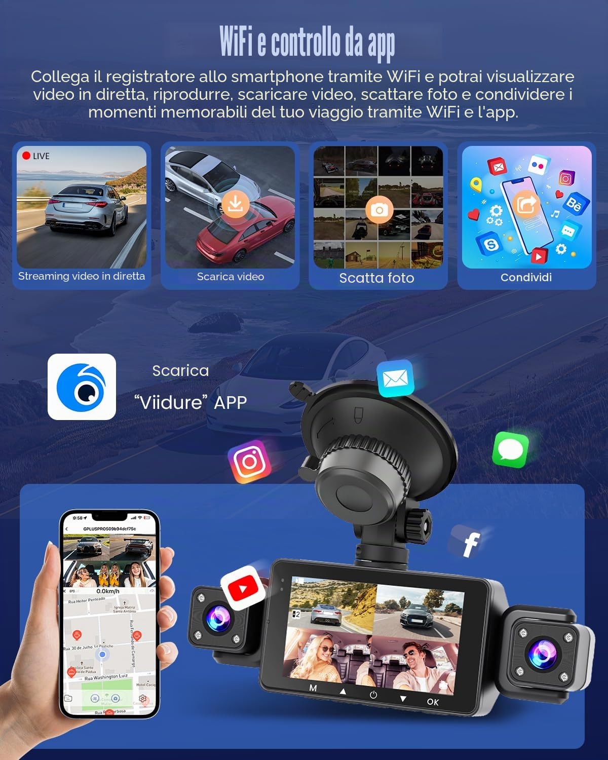 Dashcam Auto a 4 Canali Anteriore e Posteriore 1080P, Dash cam Auto WiFi con Scheda SD da 64GB, Schermo IPS da 3", Grandangolo, Visione Notturna IR 8, Sensore G, Dashcam Auto con Registrazione in Loop