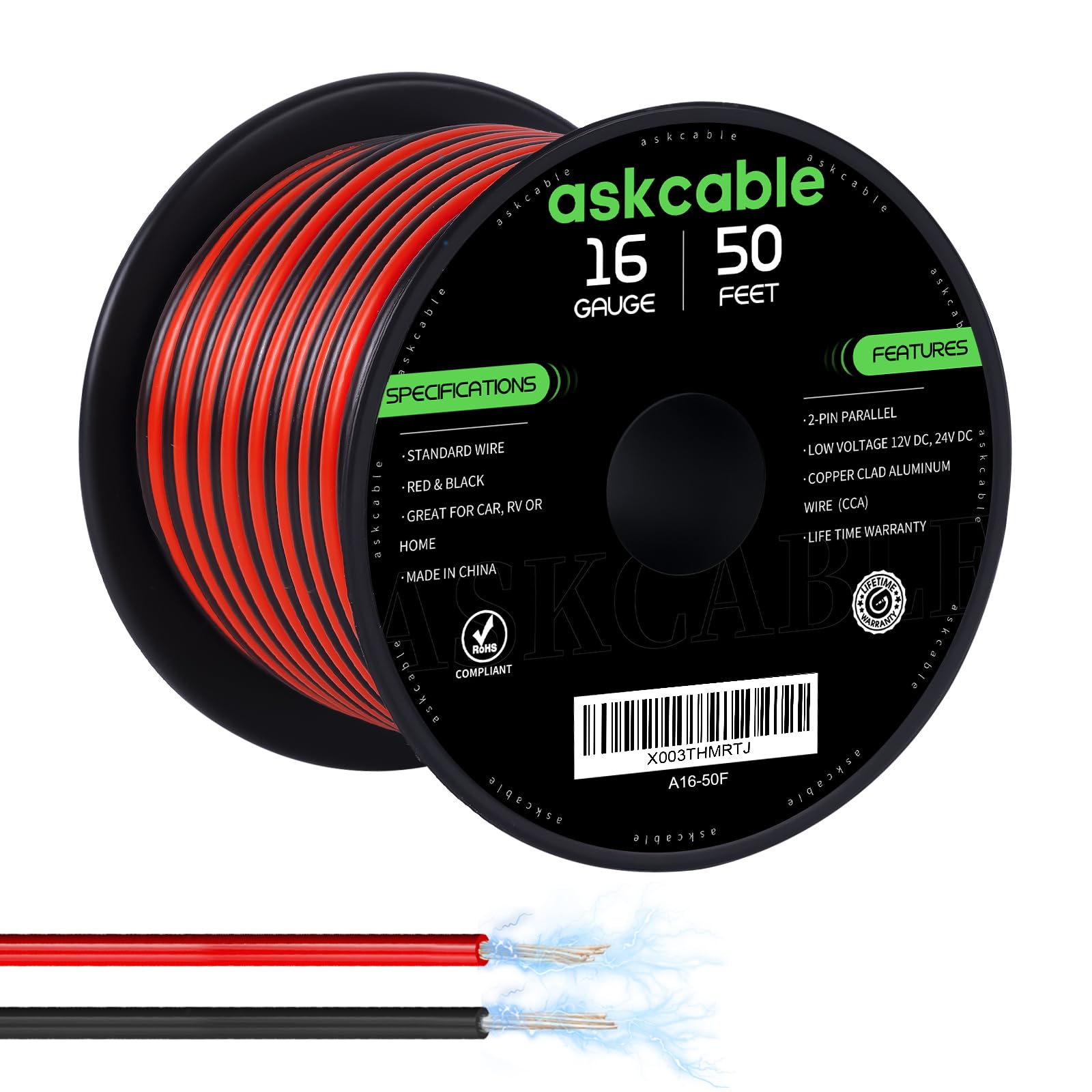 Askcable 16 Gauge Wire, 16 AWG Electrical Wire Cable, 2 Conductors Red Black Wire, Copper Clad Aluminum(CCA) Flexible PVC Extension Cord for Speaker,
