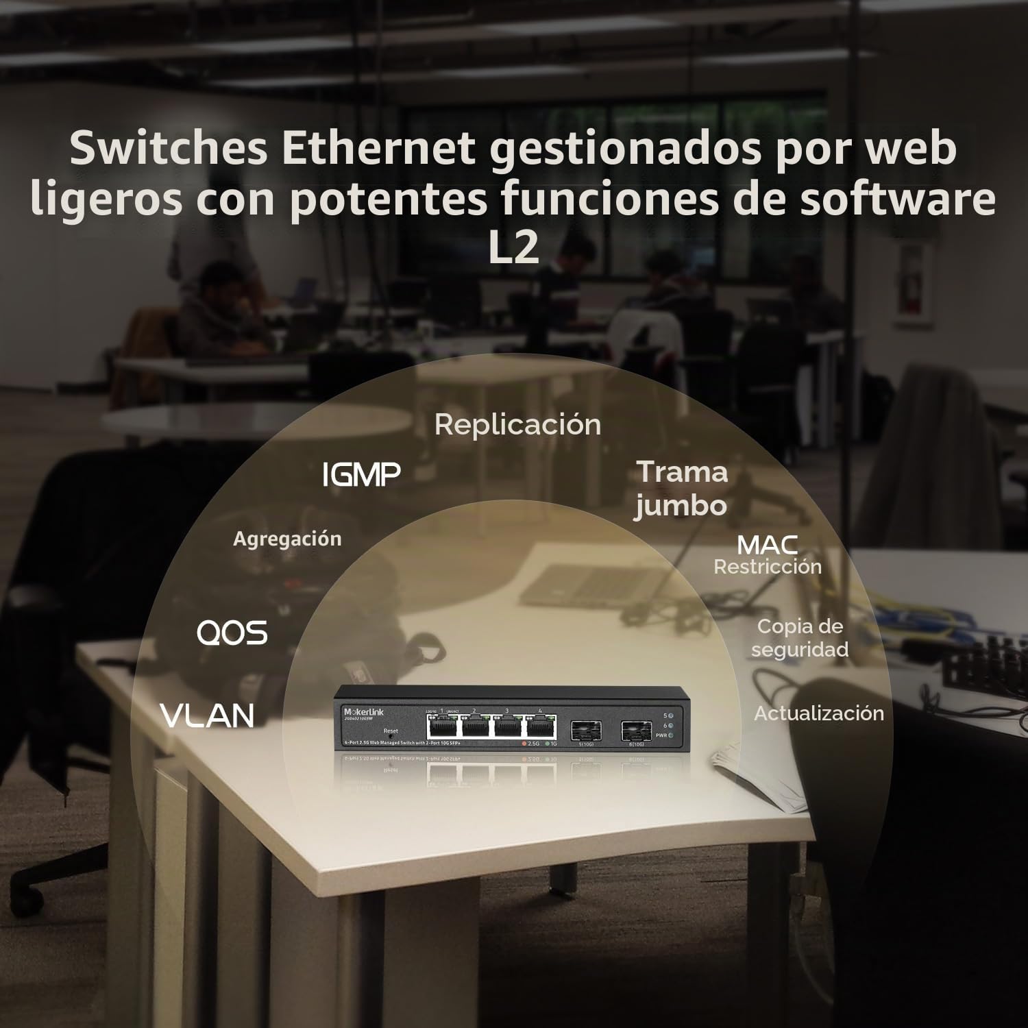 MokerLink Switch Gestión 4 Puertos 2.5G SFP+ 10G, 4 Puertos 2.5GbE Compatibles 10/100/1000Mbps Tamaño Mini Metal Web Managed Fanless