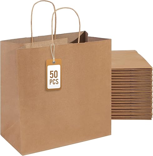 PAICUIKE 50 bolsas de regalo de papel marrón de 6.3 x 3.1 x 8.3 pulgadas, con asa, bolsas de papel kraft de tamaño pequeño, bolsas de regalo de